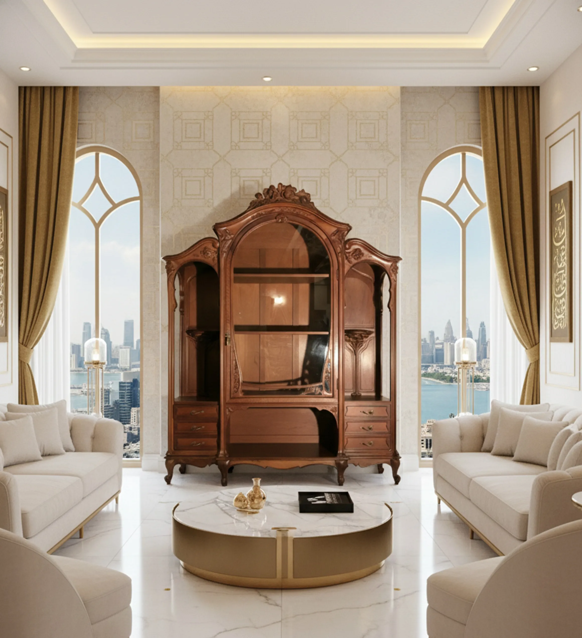 Vitrine antiga de E.Dienst, design elegante com espelho, ambiente moderno.