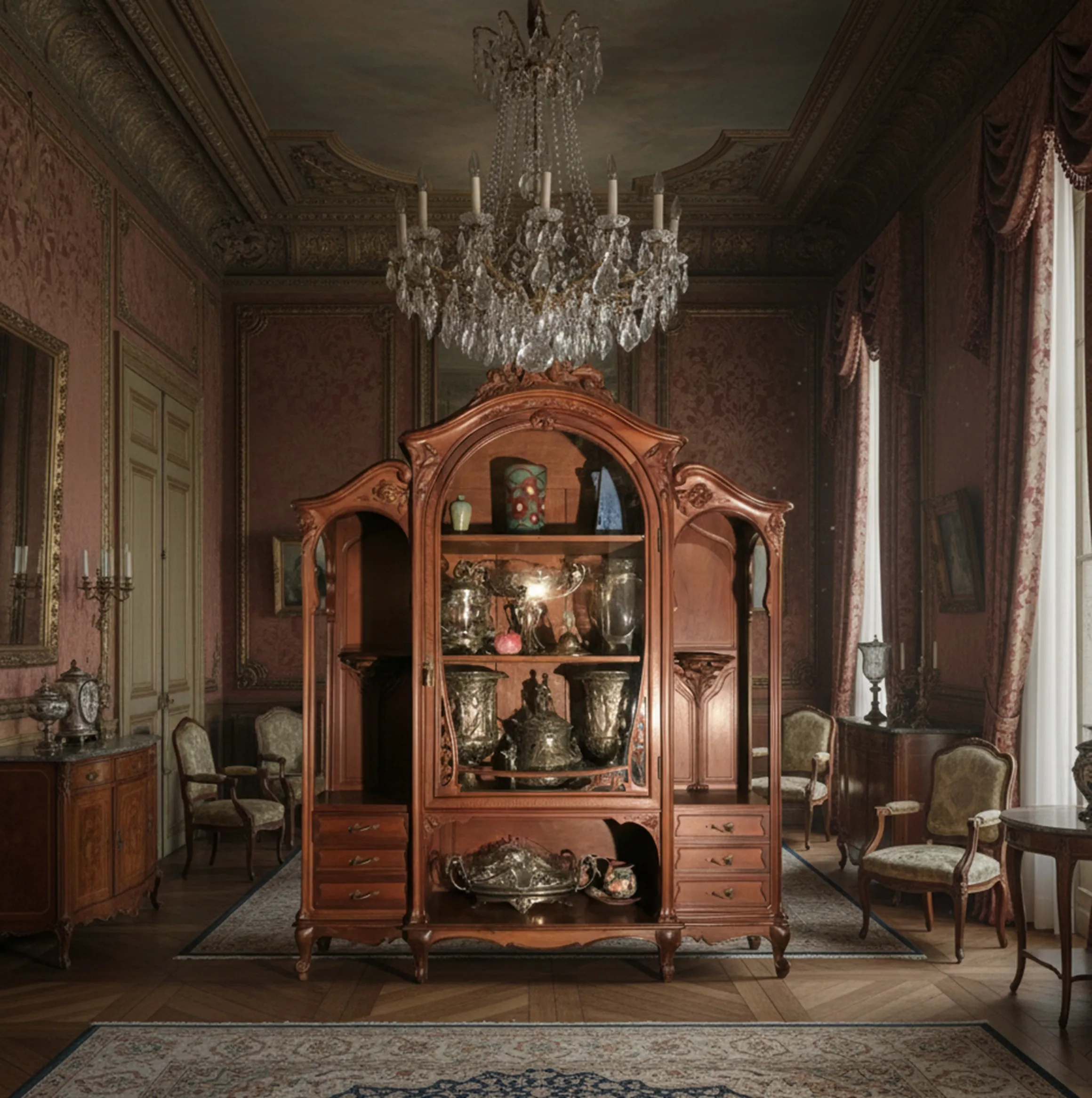 Vetrina antica di E.Dienst a Parigi, decorata con elementi in argento e vetro in un ambiente elegante.