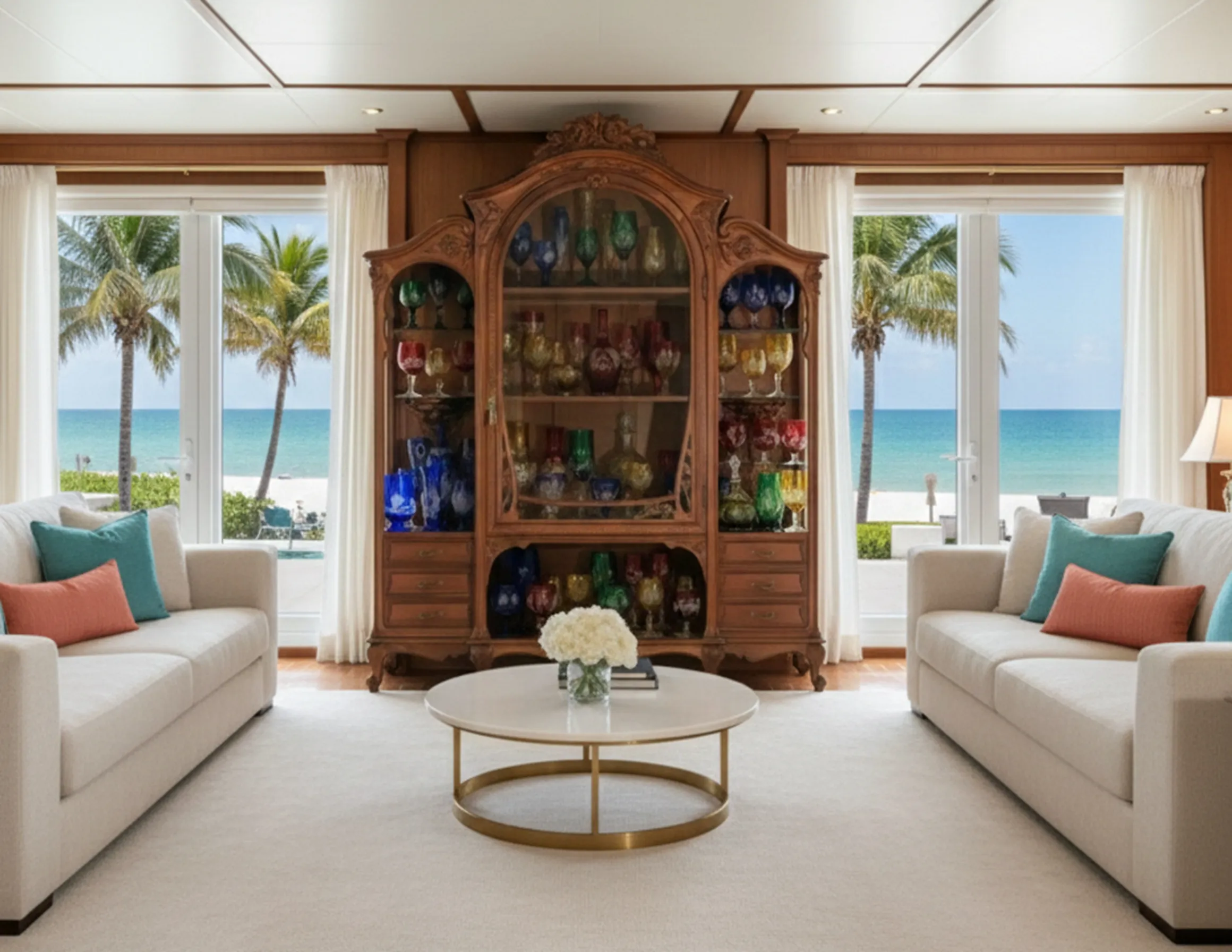 E.Dienst在巴黎的古董陈列柜，里面装有色彩斑斓的玻璃器皿。