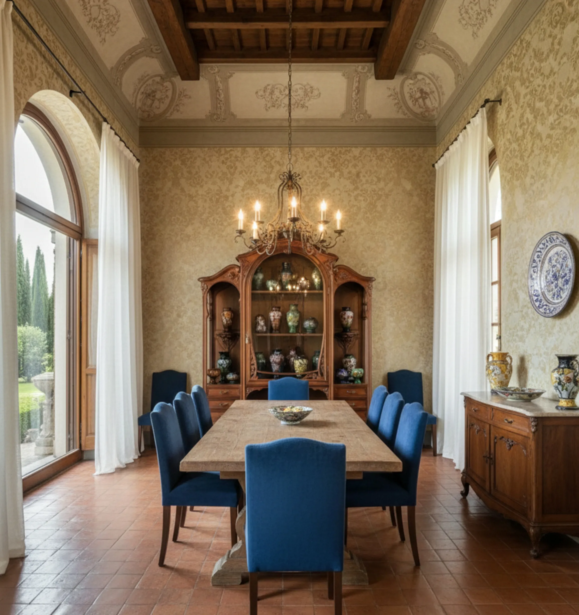 Vitrina antigua con detalles decorativos y cerámica expuesta, ambiente acogedor.