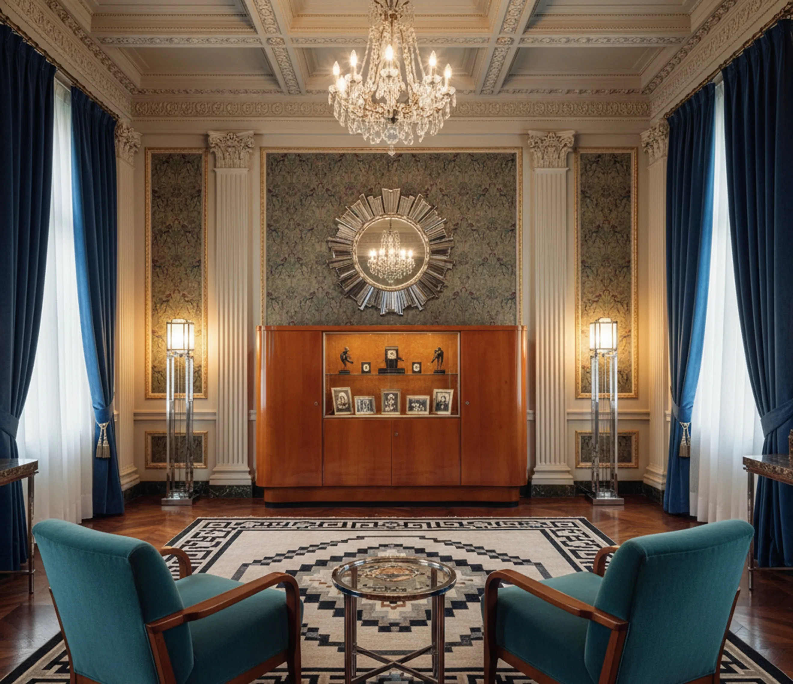 Antique bar cabinet with shelves and photos displayed, in an elegant room.