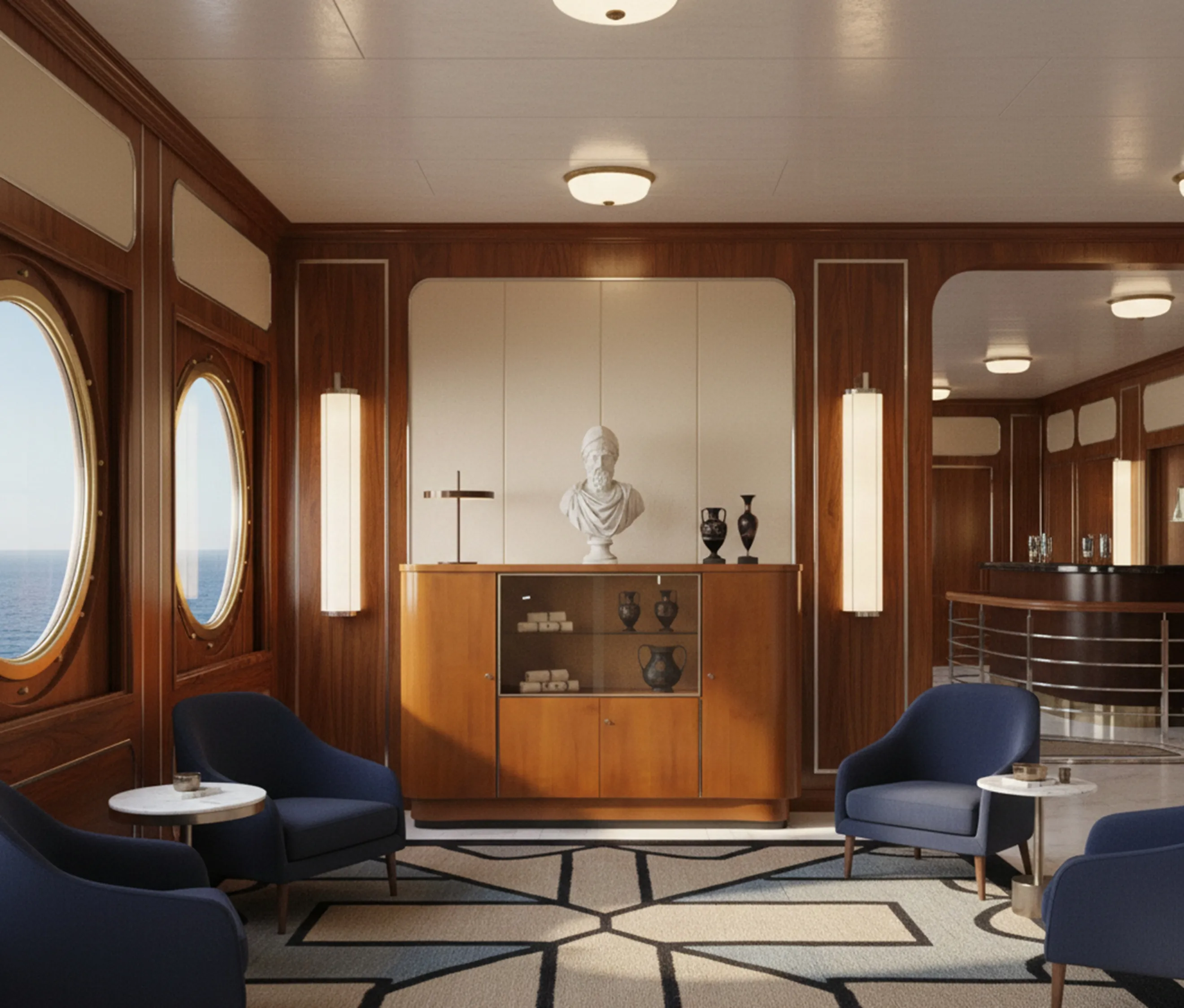 خزانة الكوكتيل العتيقة مع تفاصيل أنيقة وزخارف قديمة، محاطة بكراسي في أجواء دافئة.