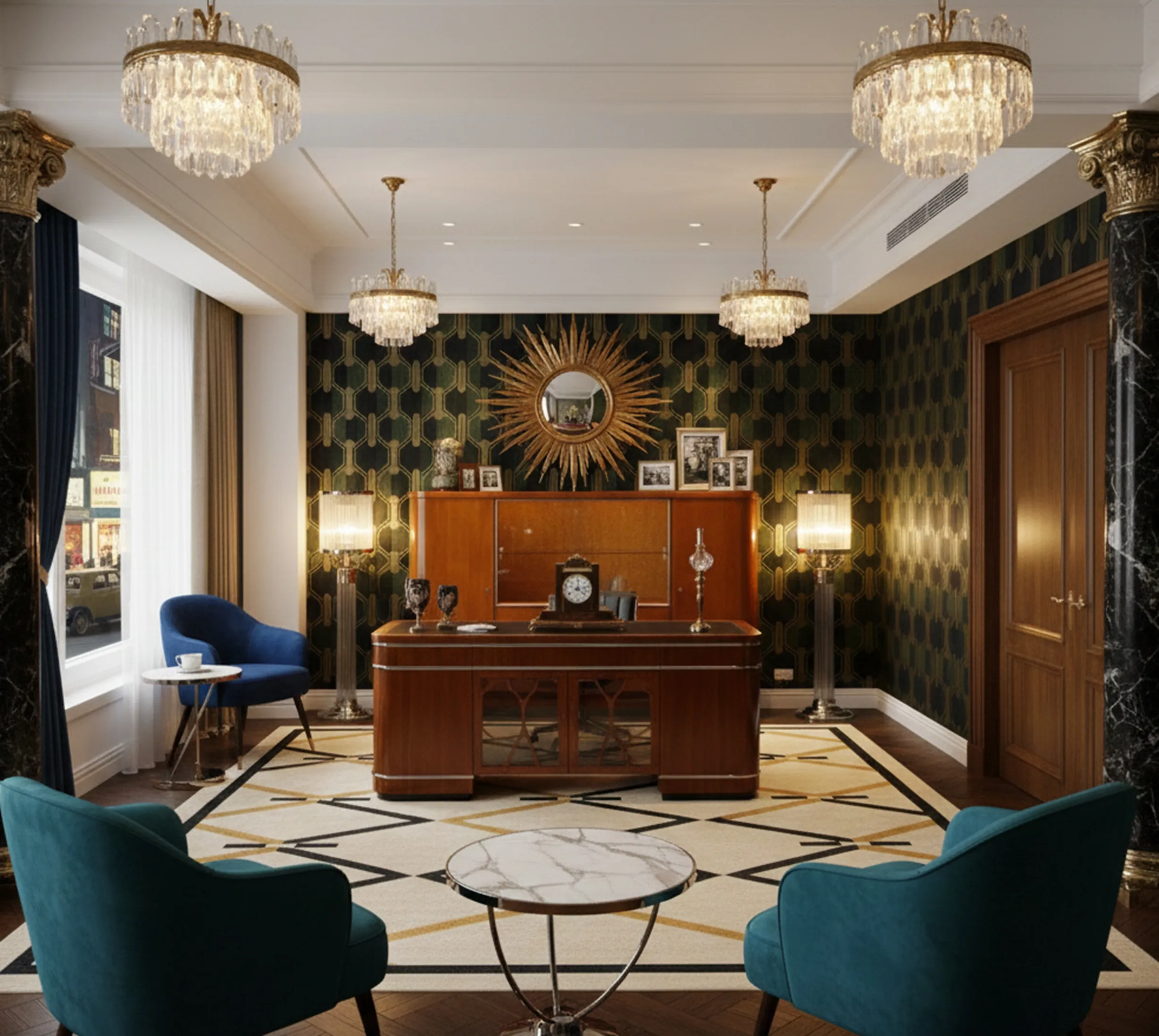 Antique bar in a sophisticated office setting.