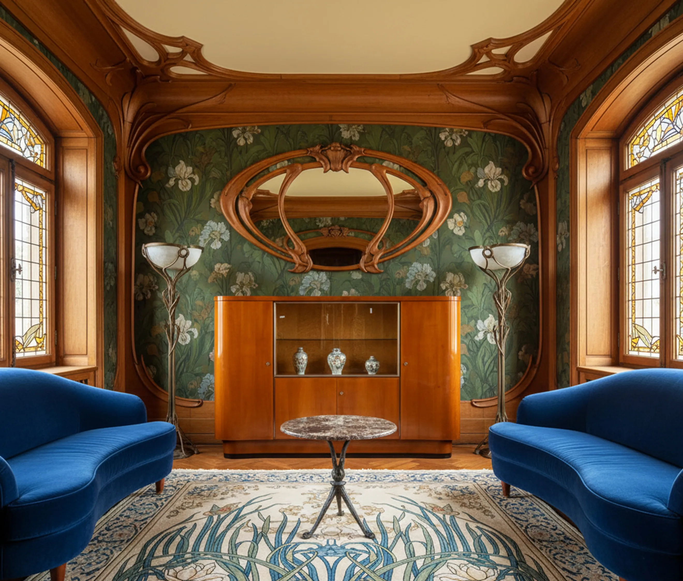 Meuble à cocktail ancien avec un design élégant, situé dans un environnement chaleureux.