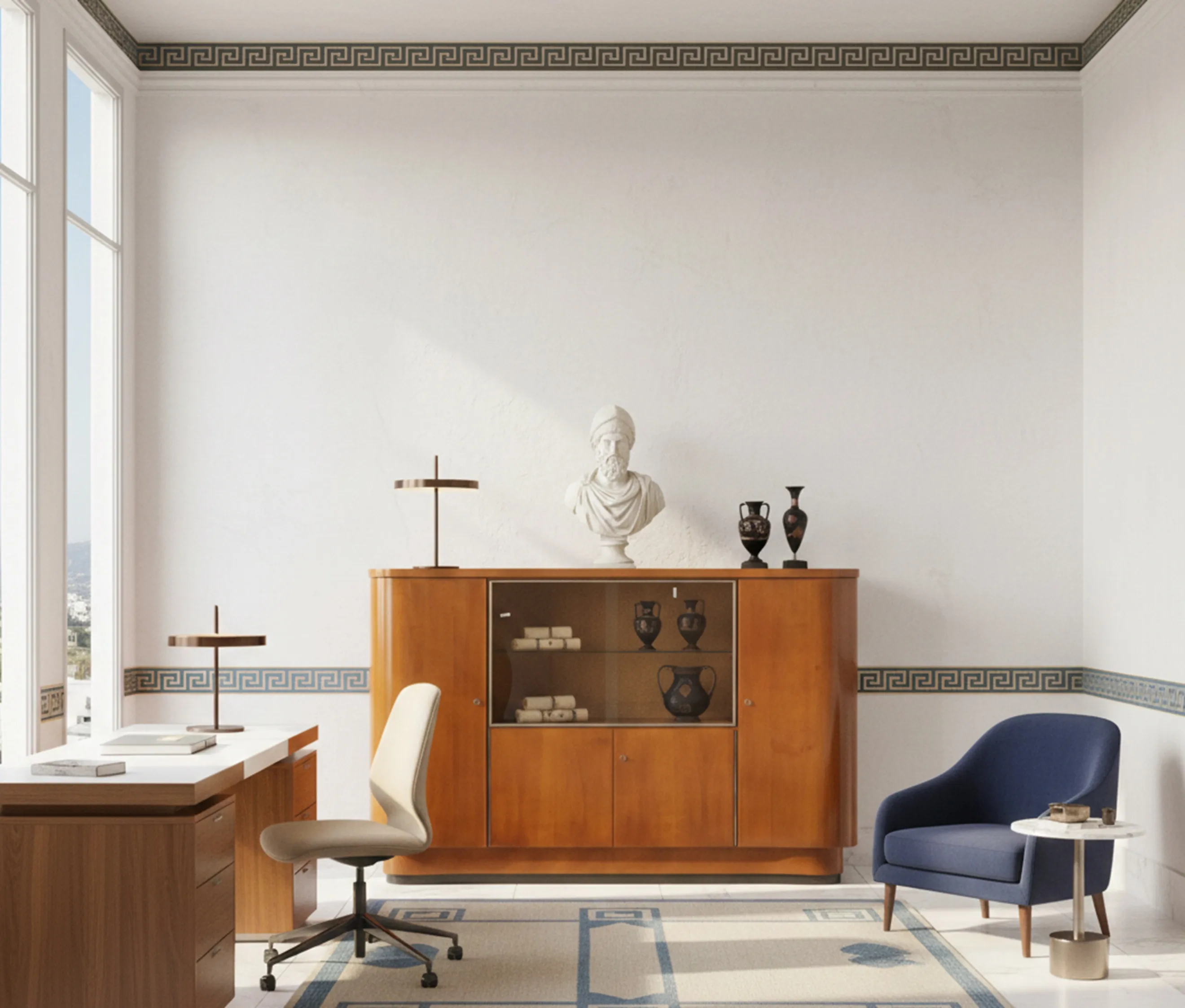 Antique bar with shelves, decorated with bust and vases.