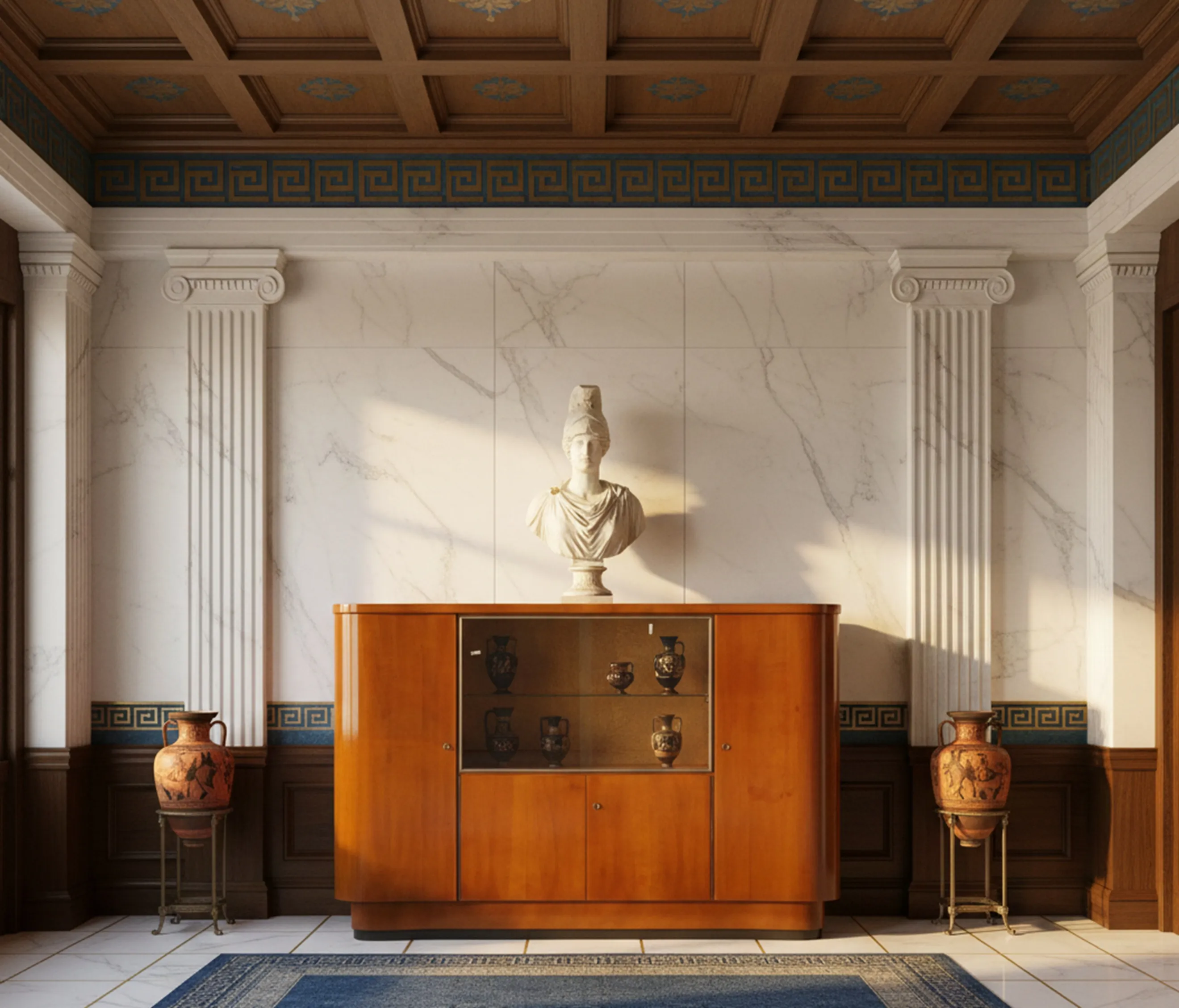 Antique bar cabinet with glass shelves, decorated with column and bust in an elegant setting.