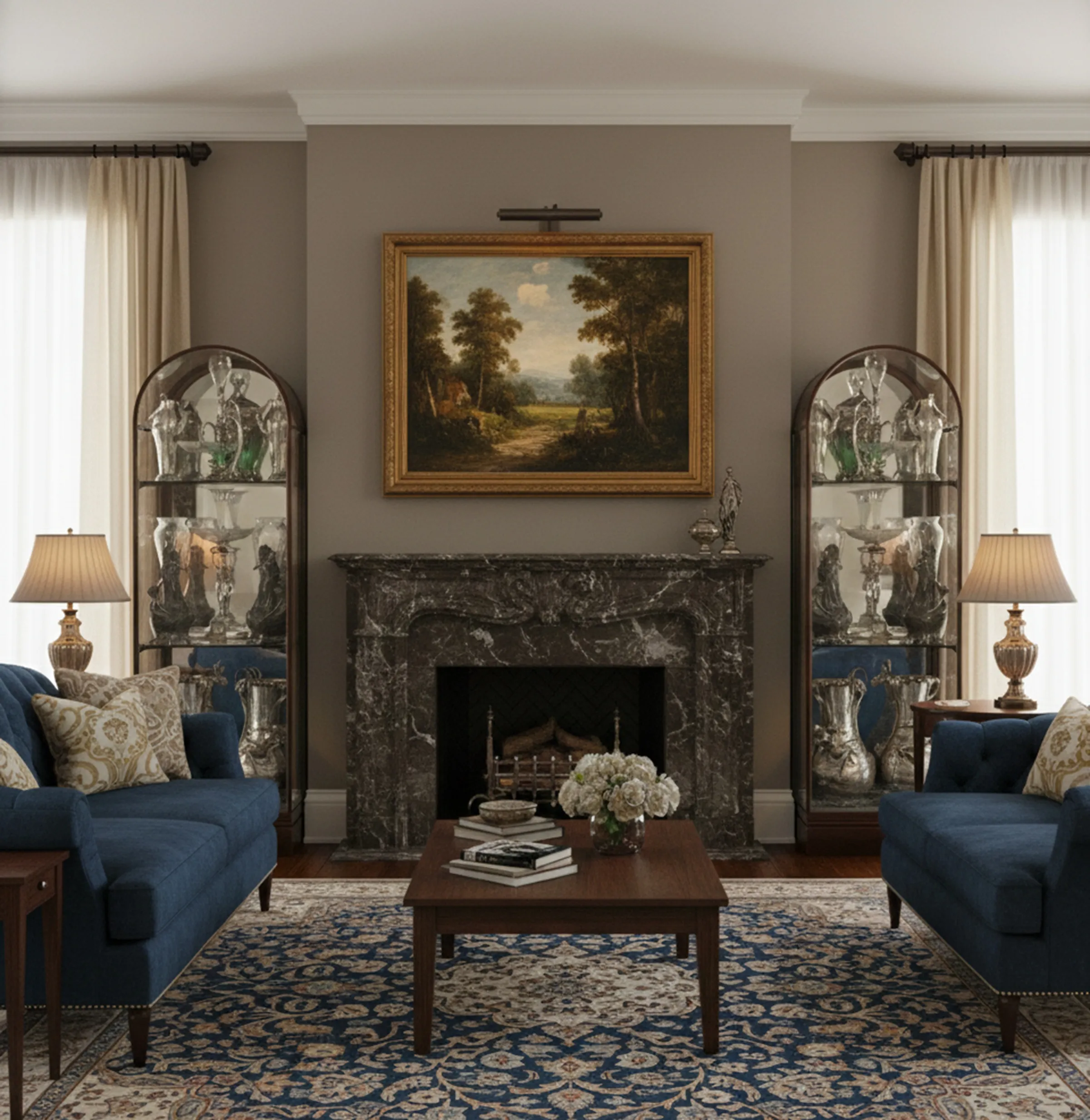 Антикварные витрины с декоративными элементами в элегантной гостиной