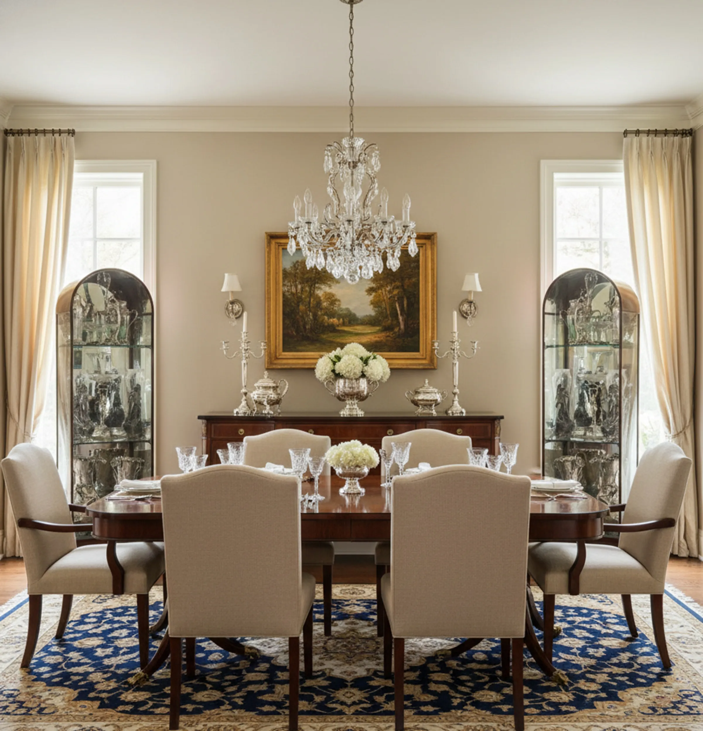 クラシックな装飾とキャンドルスタンドを備えたアンティークディスプレイキャビネット