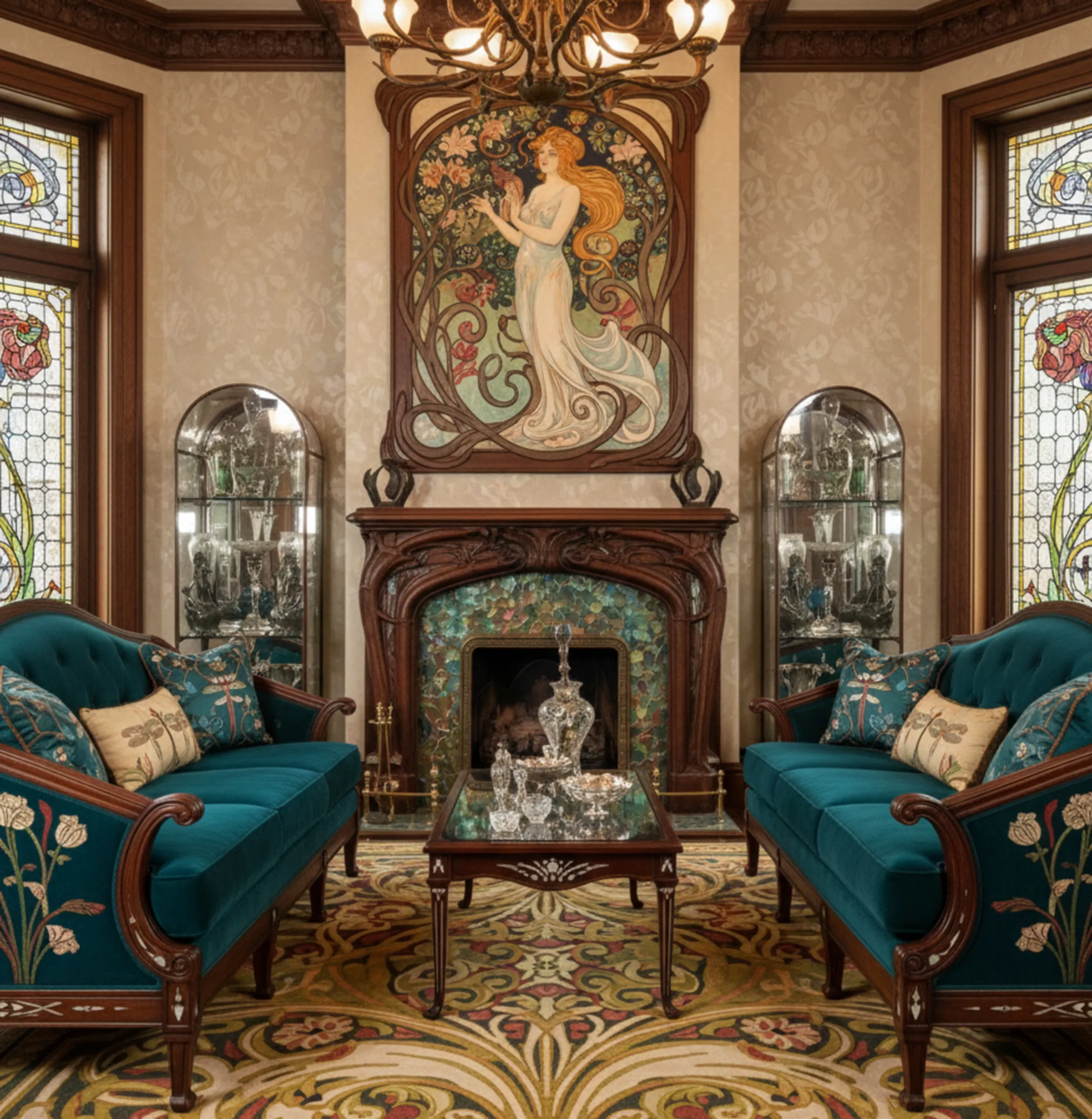 Duas vitrines antigas em uma sala de estar elegante com detalhes sutis