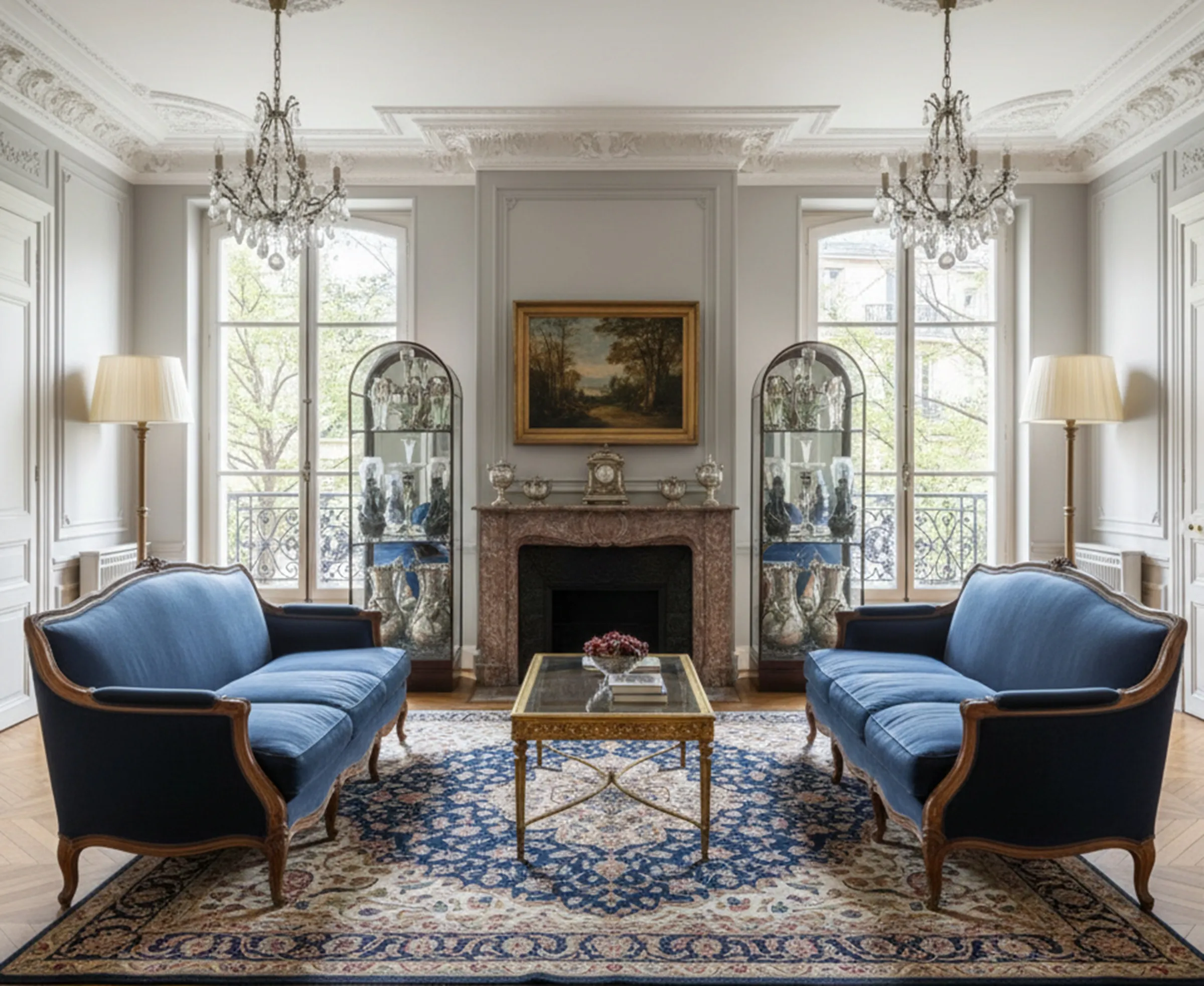 Vitrines antiques décoratives dans un cadre élégant avec des canapés