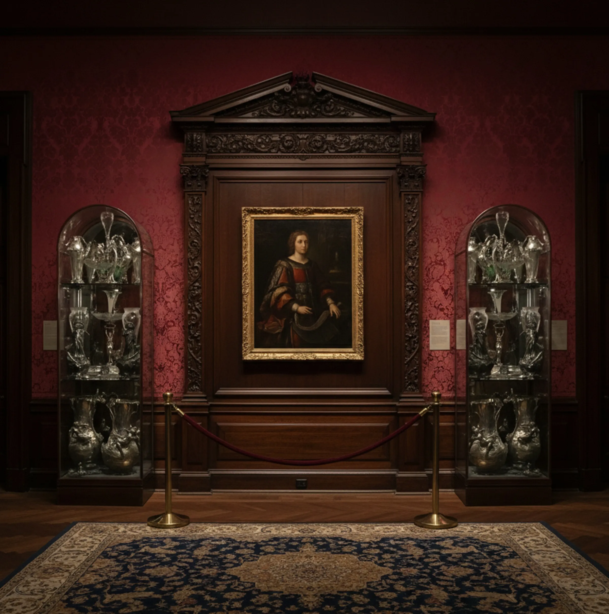 Due vetrine antiche espongono articoli decorativi eleganti in un ambiente classico.