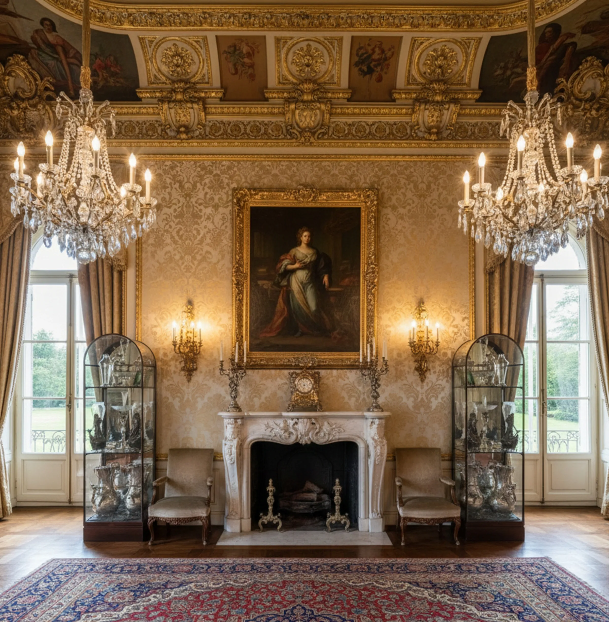 Deux vitrines anciennes dans une pièce ornée de lustres et d'un tableau