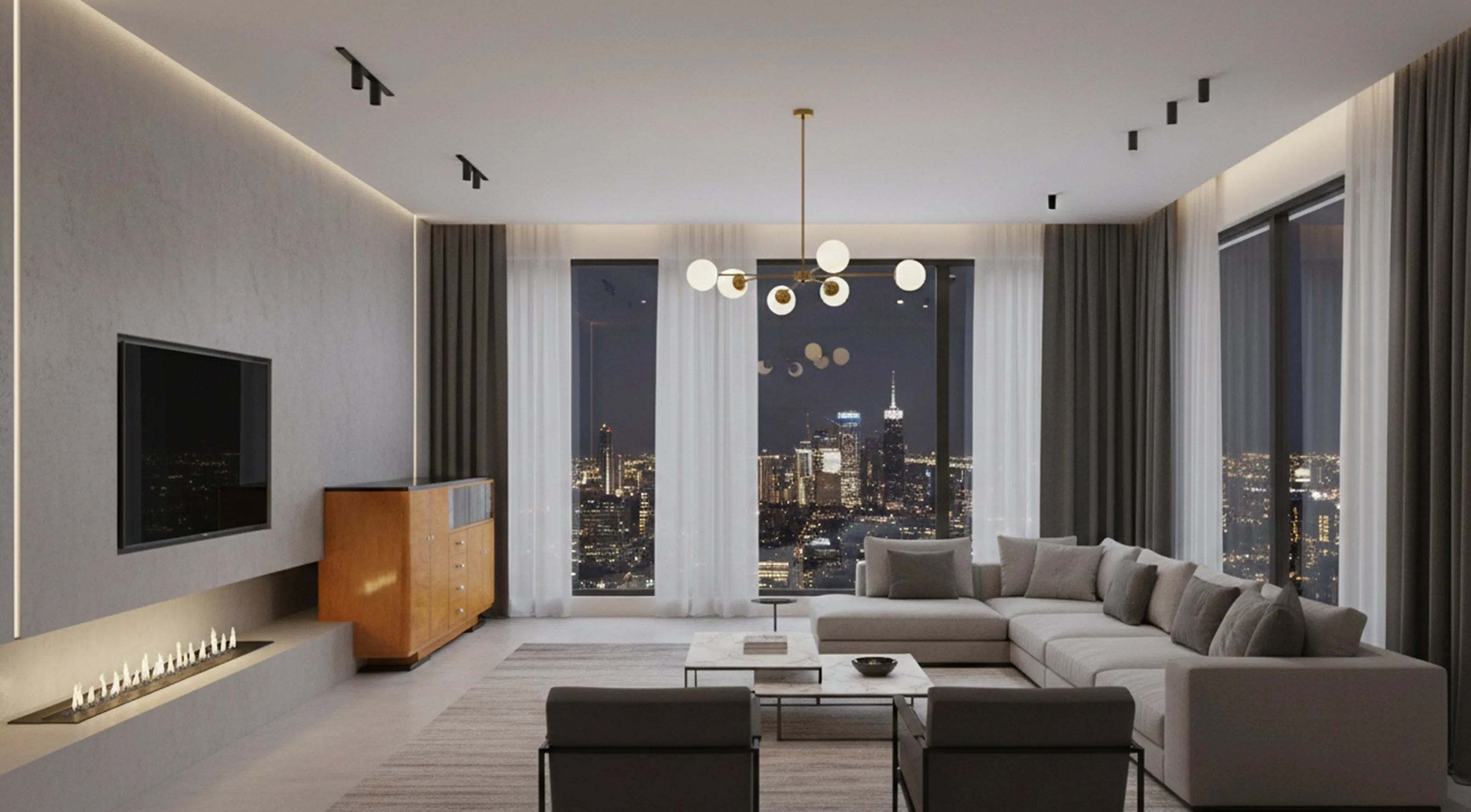 古いサイドボードが現代の部屋にあり、都市の景色を見せています。