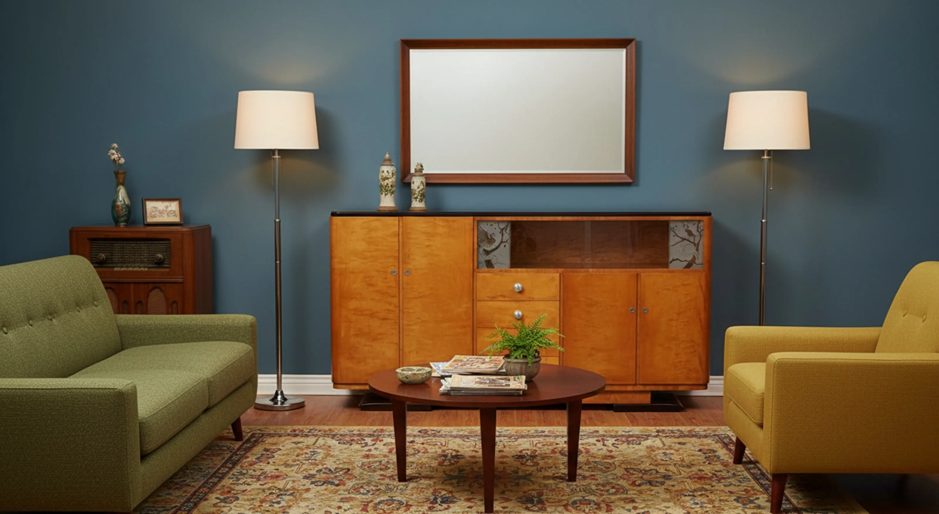 고전적인 찬장이 아늑한 환경에 녹색과 노란색 의자와 함께 있습니다.