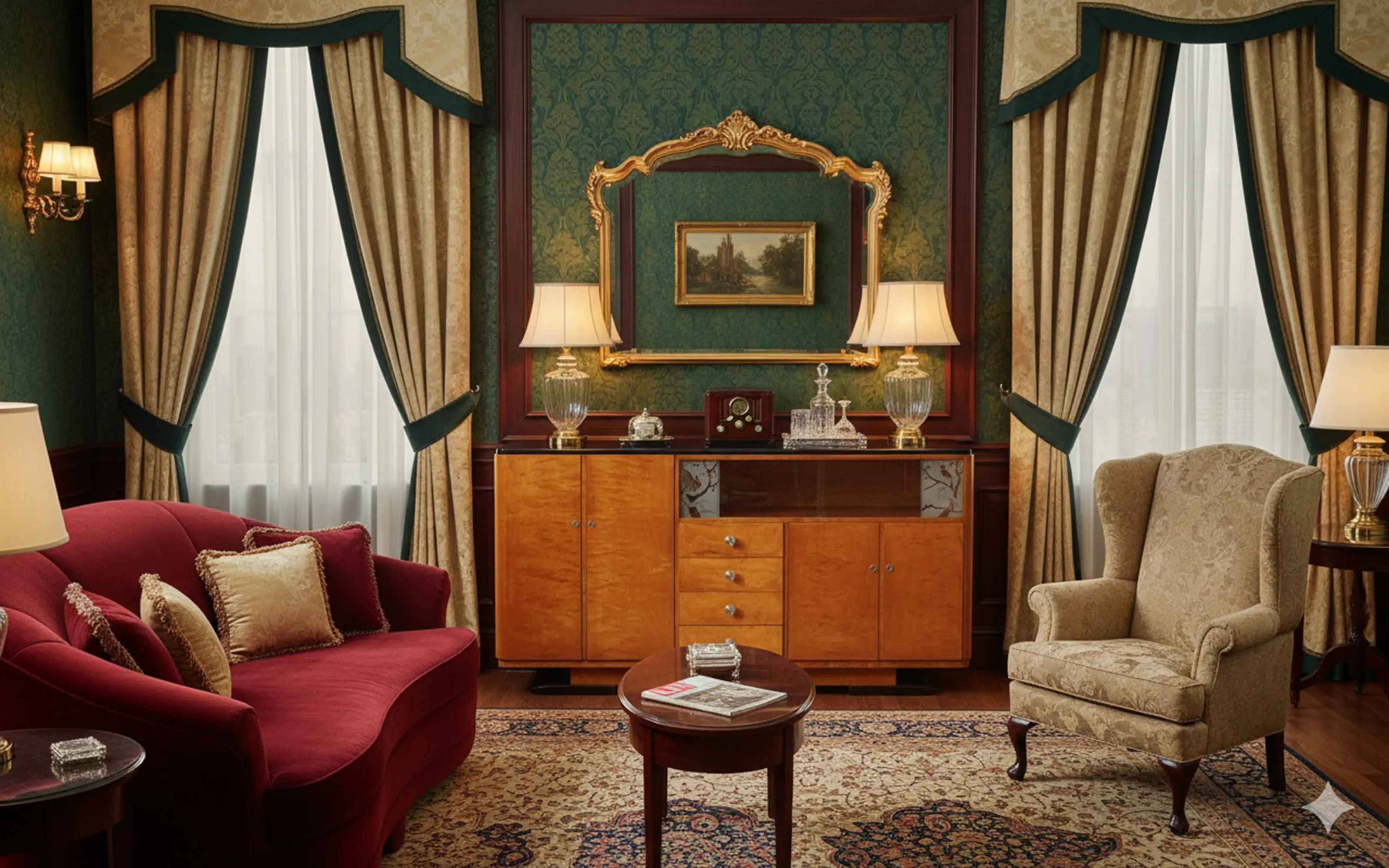 elegant antique sideboard with lamps and decor in room