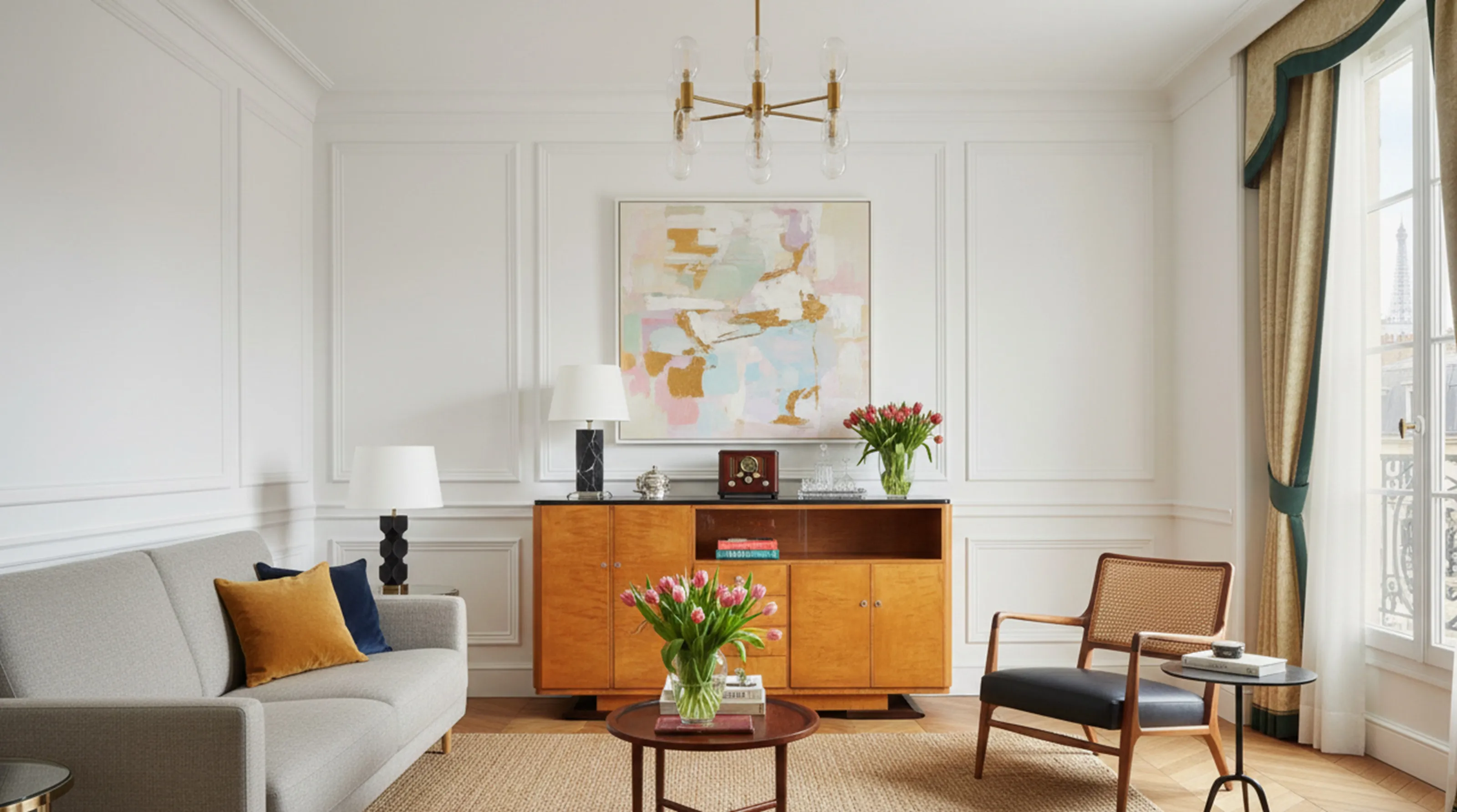 credenza antica con decorazione di fiori rosa