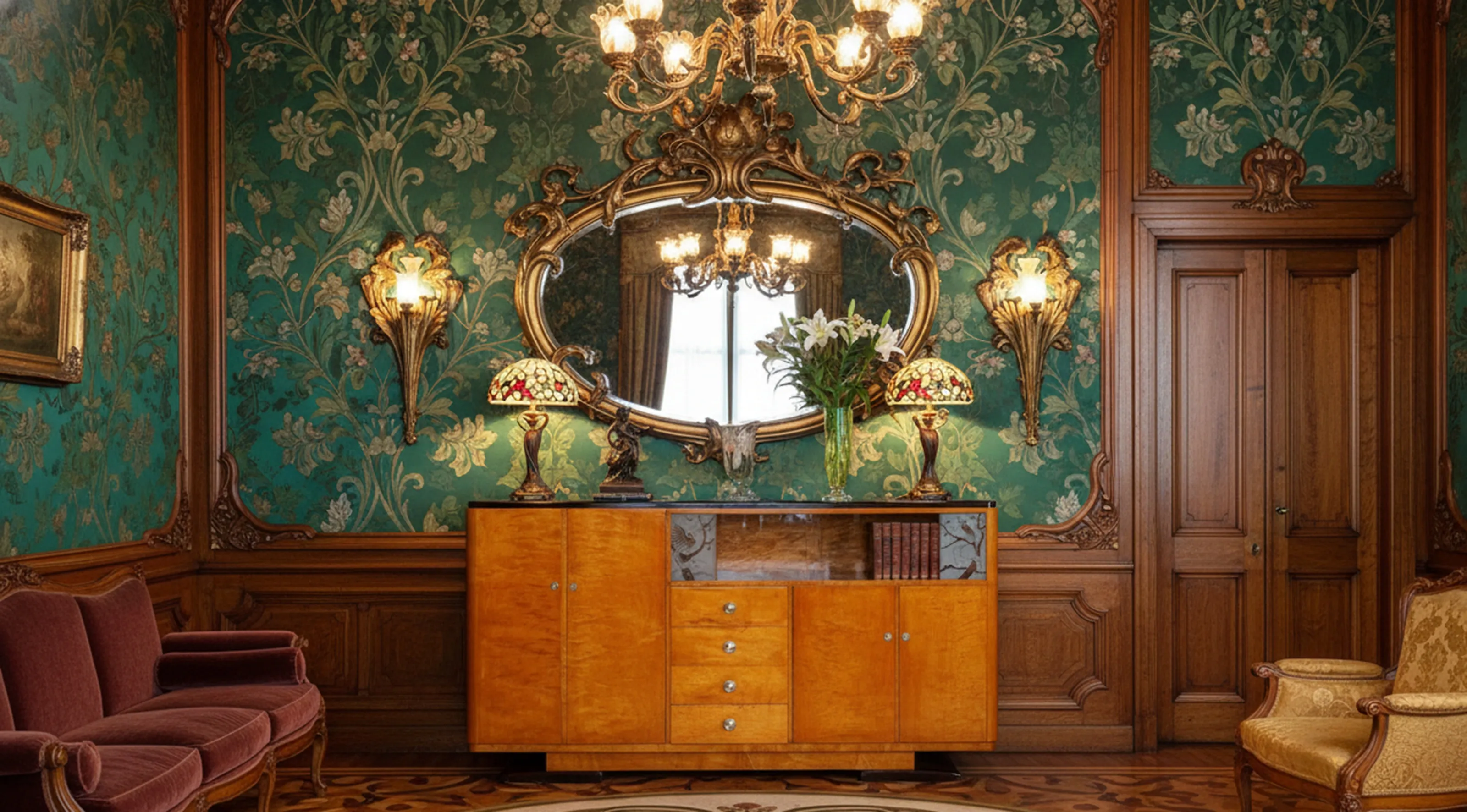 antique sideboard with flowers and decorative lamps in a classic setting