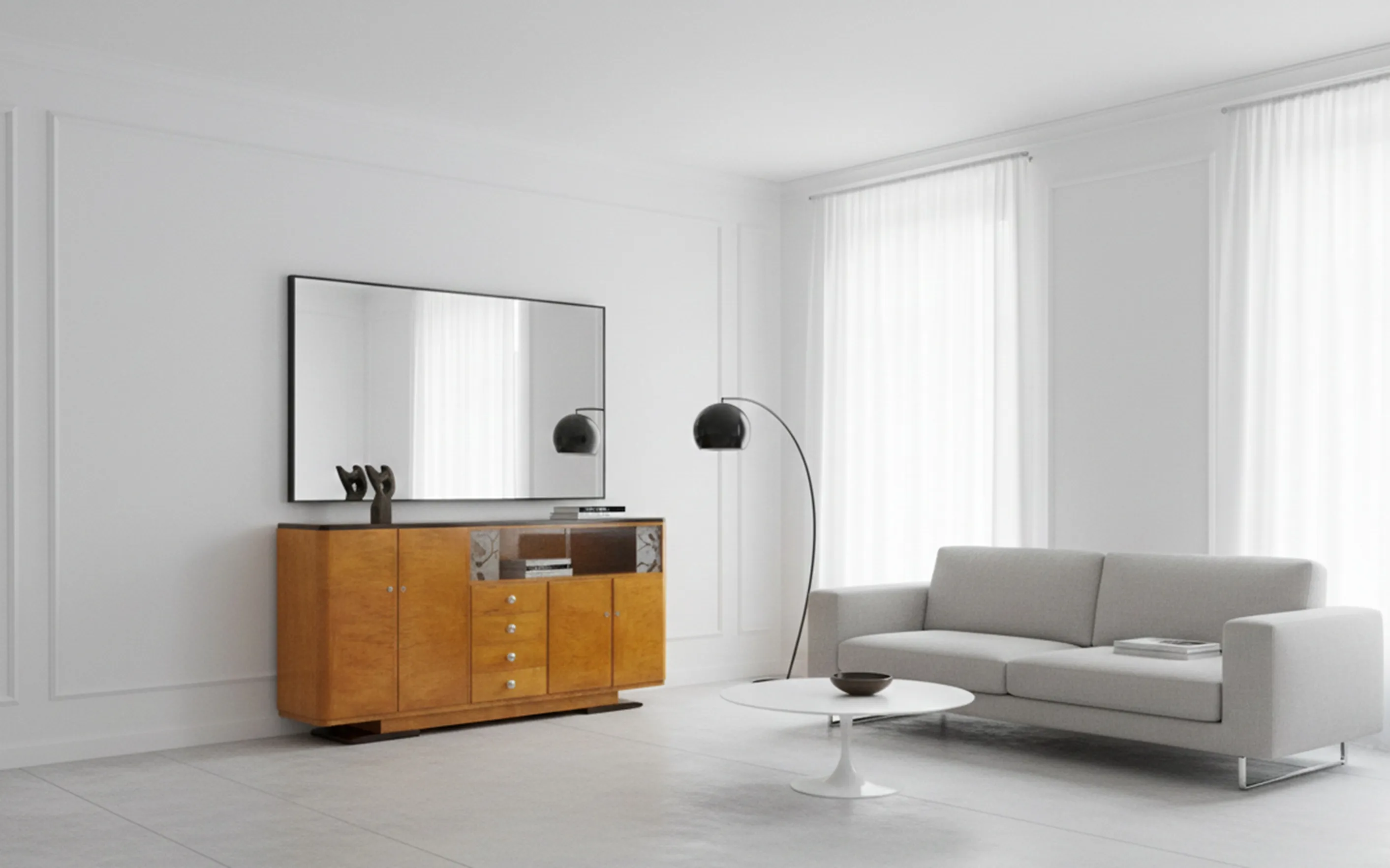 light-colored antique sideboard in modern room with gray sofa