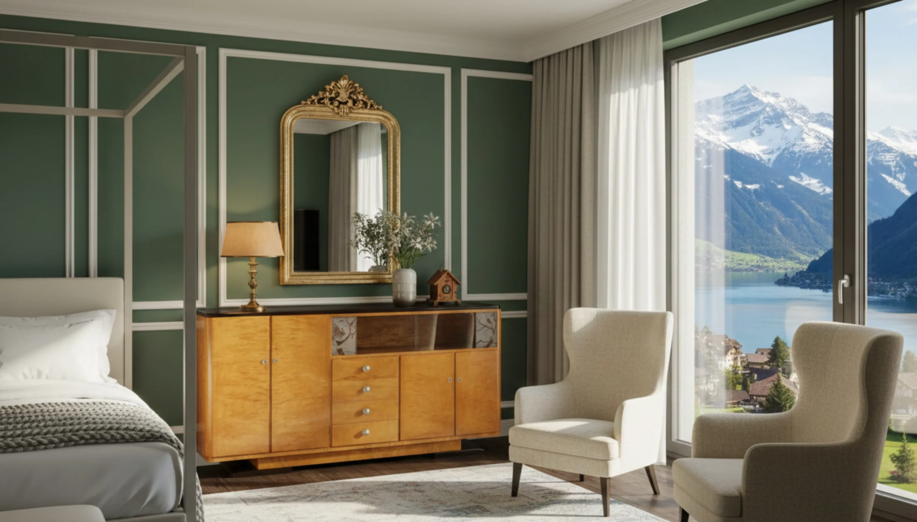 antique bookcase in well-decorated living room with lake view