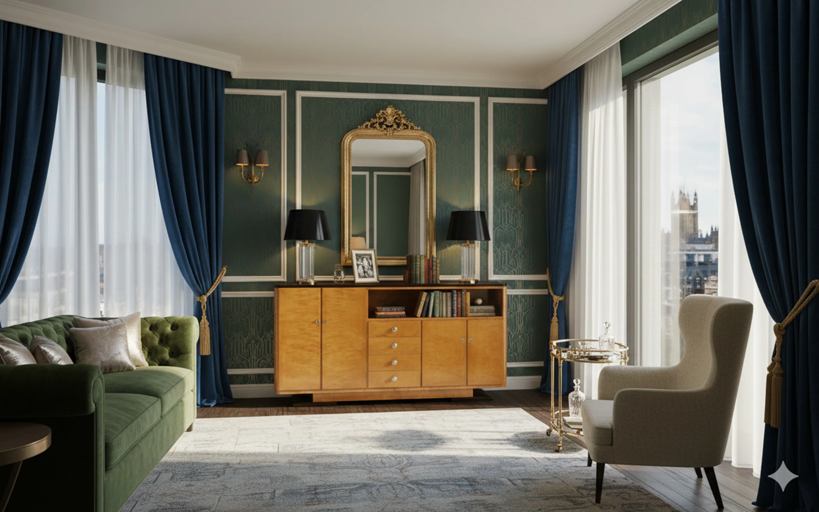 antique bookcase with decorative books and mirror