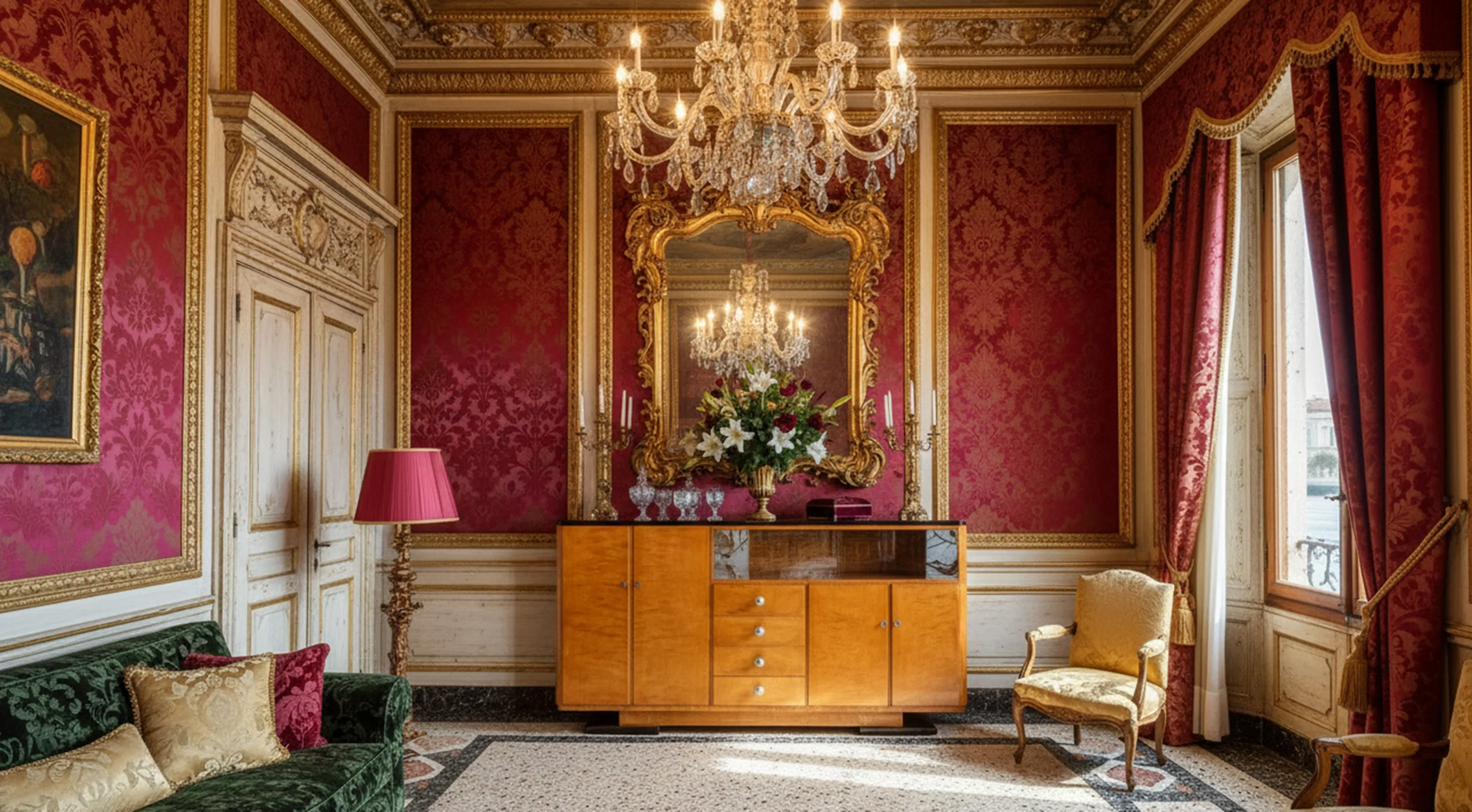 Antikes klassisches Bücherregal mit opulenter Dekoration.