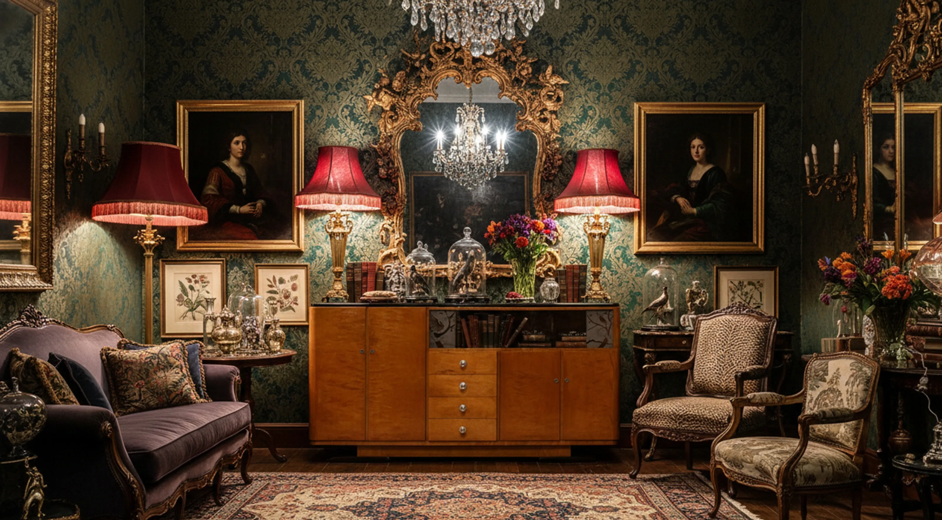 bibliothèque ancienne avec des lampes et des tableaux dans un cadre élégant