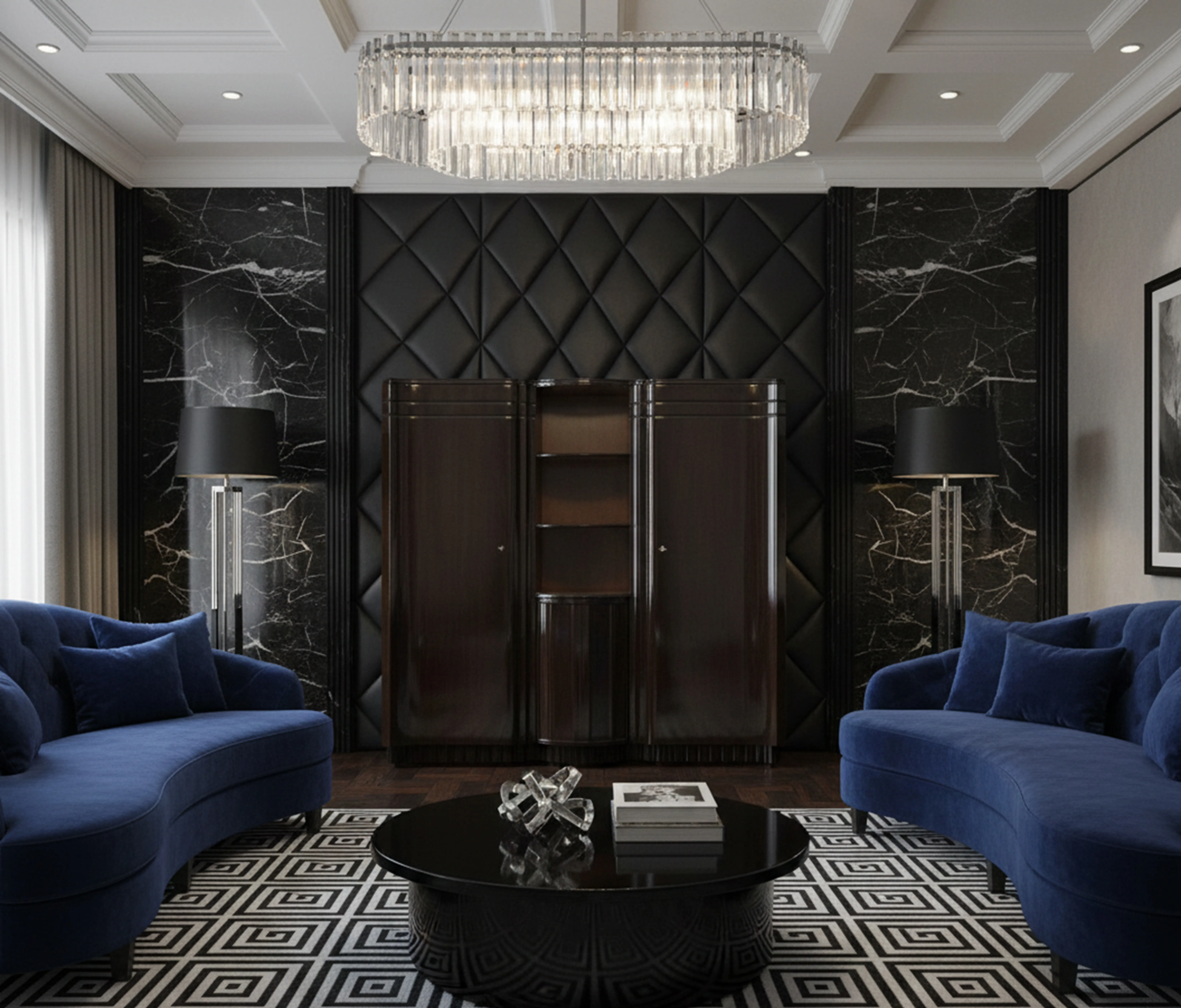 Mueble bar antiguo elegante en una sala moderna, con sofá azul.