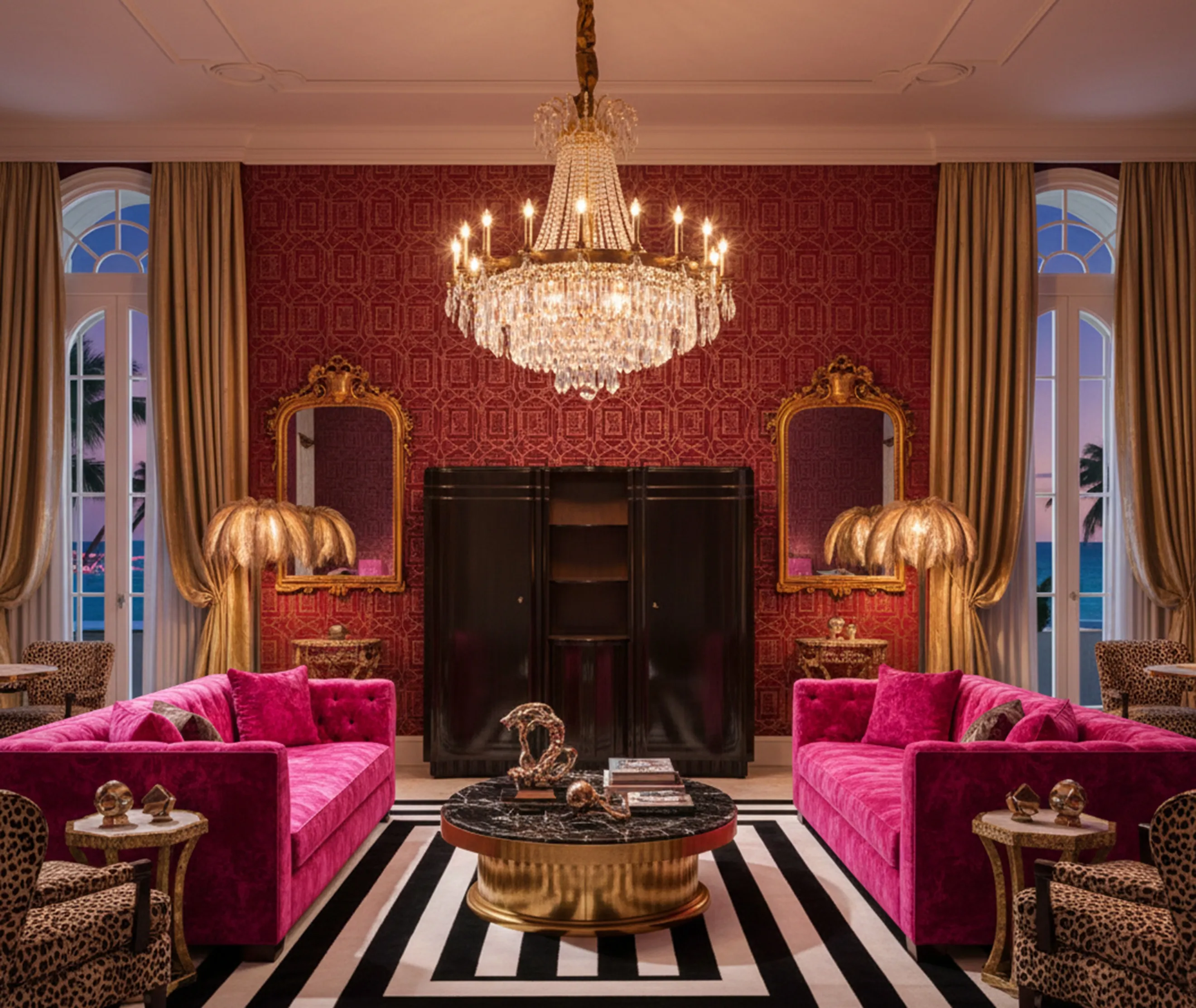 Antique bar in an elegant living room with crystal chandelier and fuchsia sofas