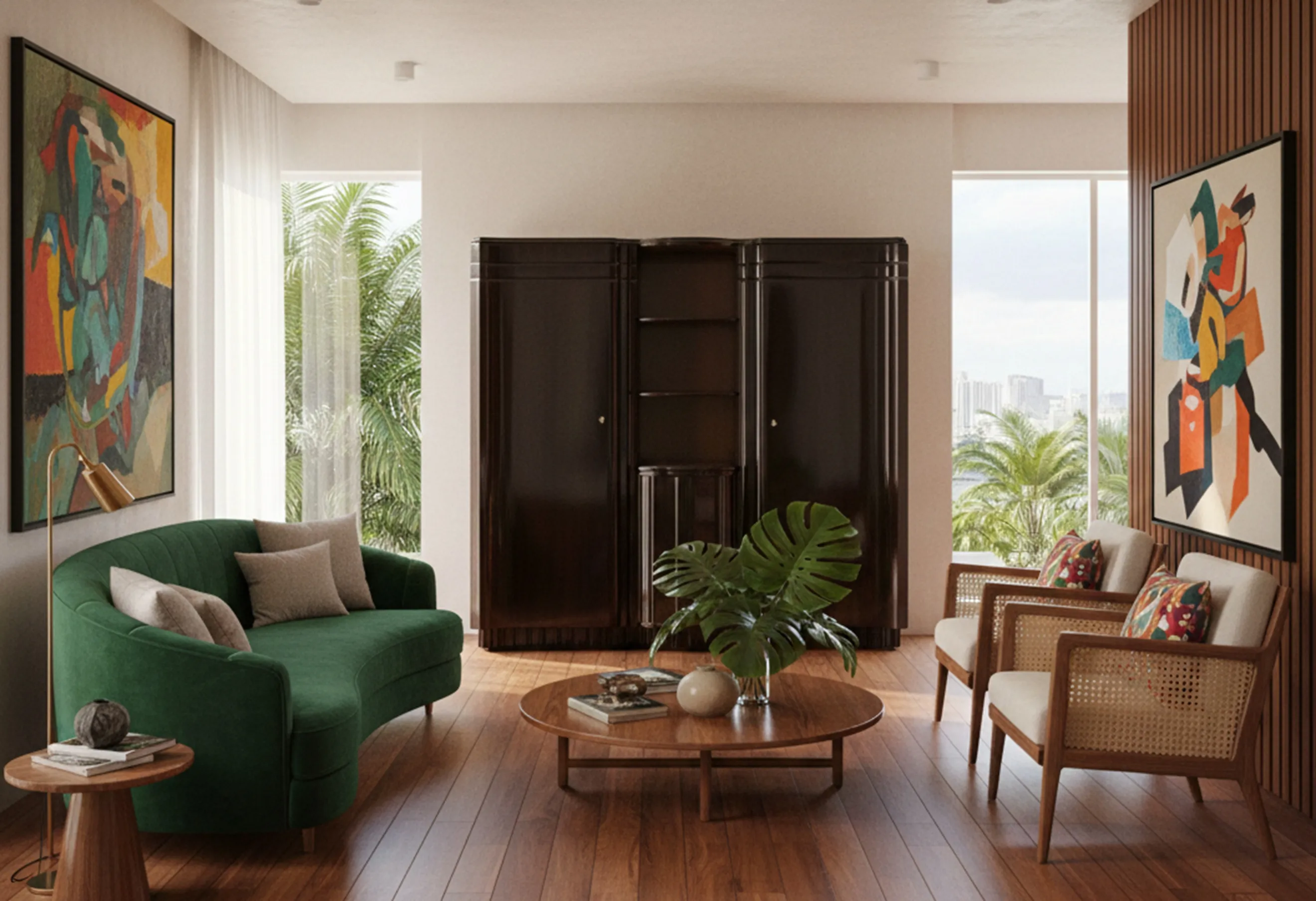 classic bar cabinet in dark tone with modern decor in living room