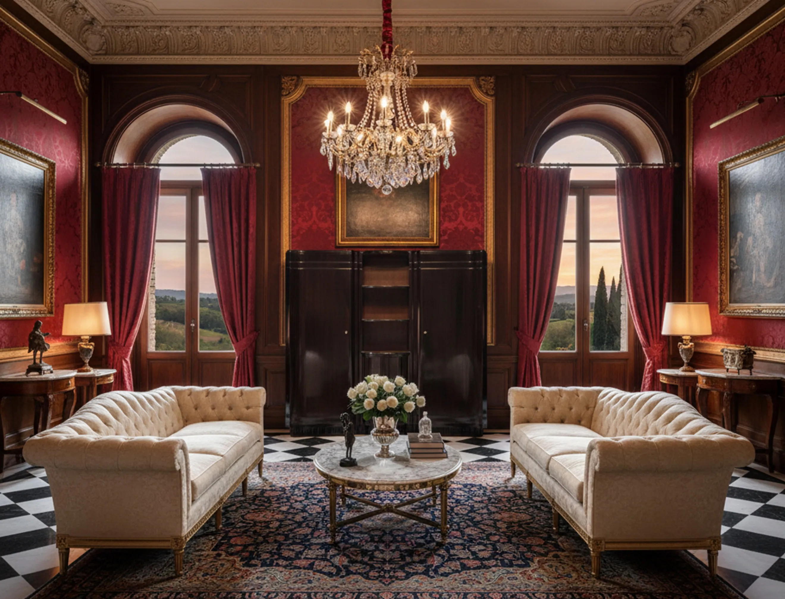 Mueble bar antiguo en un elegante ambiente con sillones y cortinas rojas