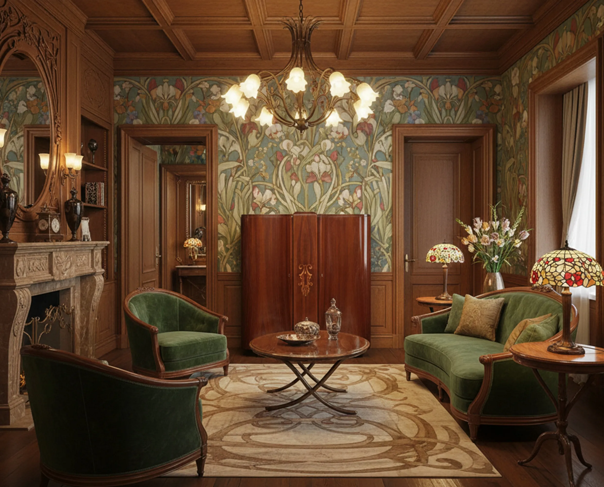 Antiker Bar in einem eleganten Wohnzimmer mit Blumenmuster.