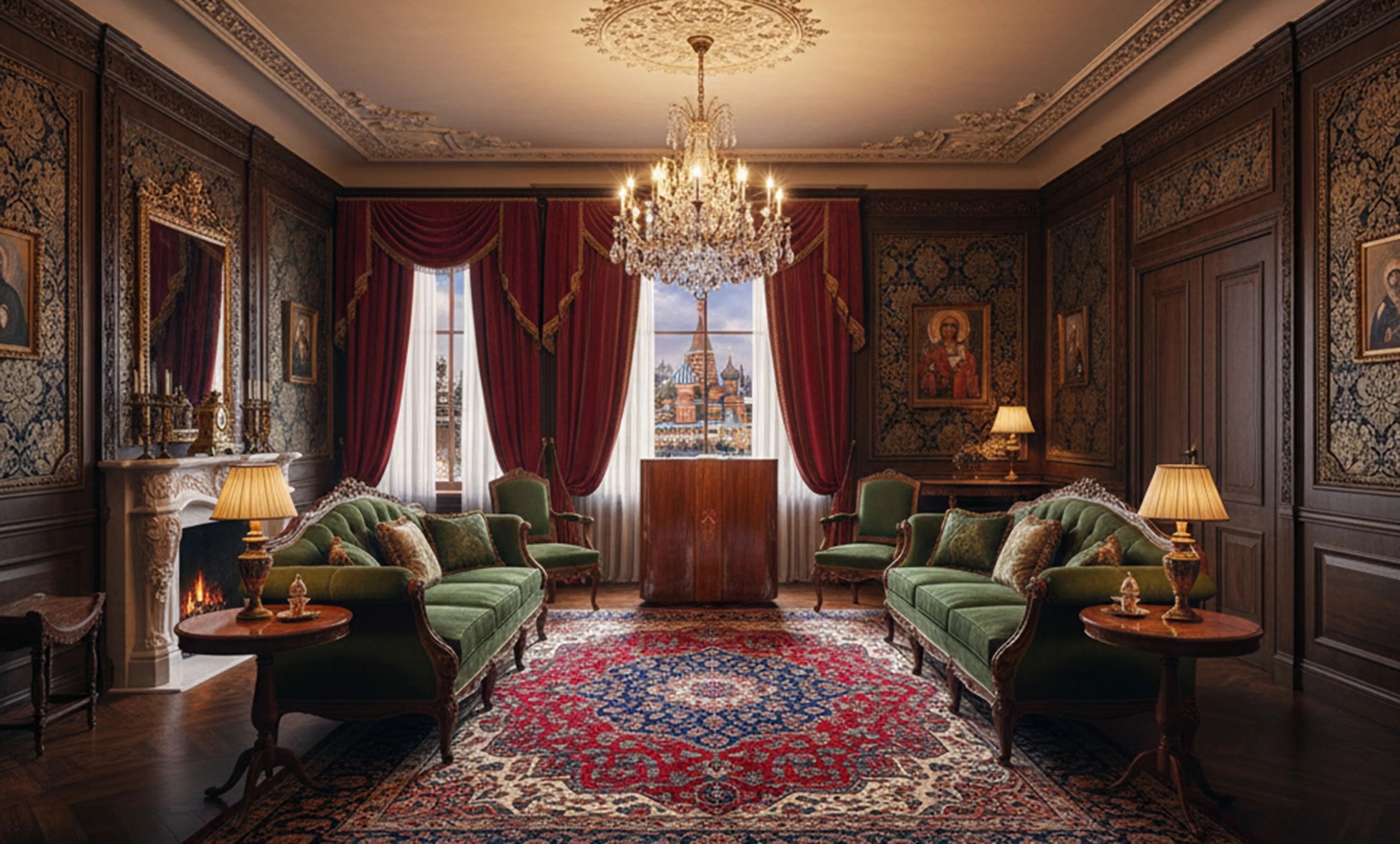 Antique bar in an elegant living room with sofas and lamps.