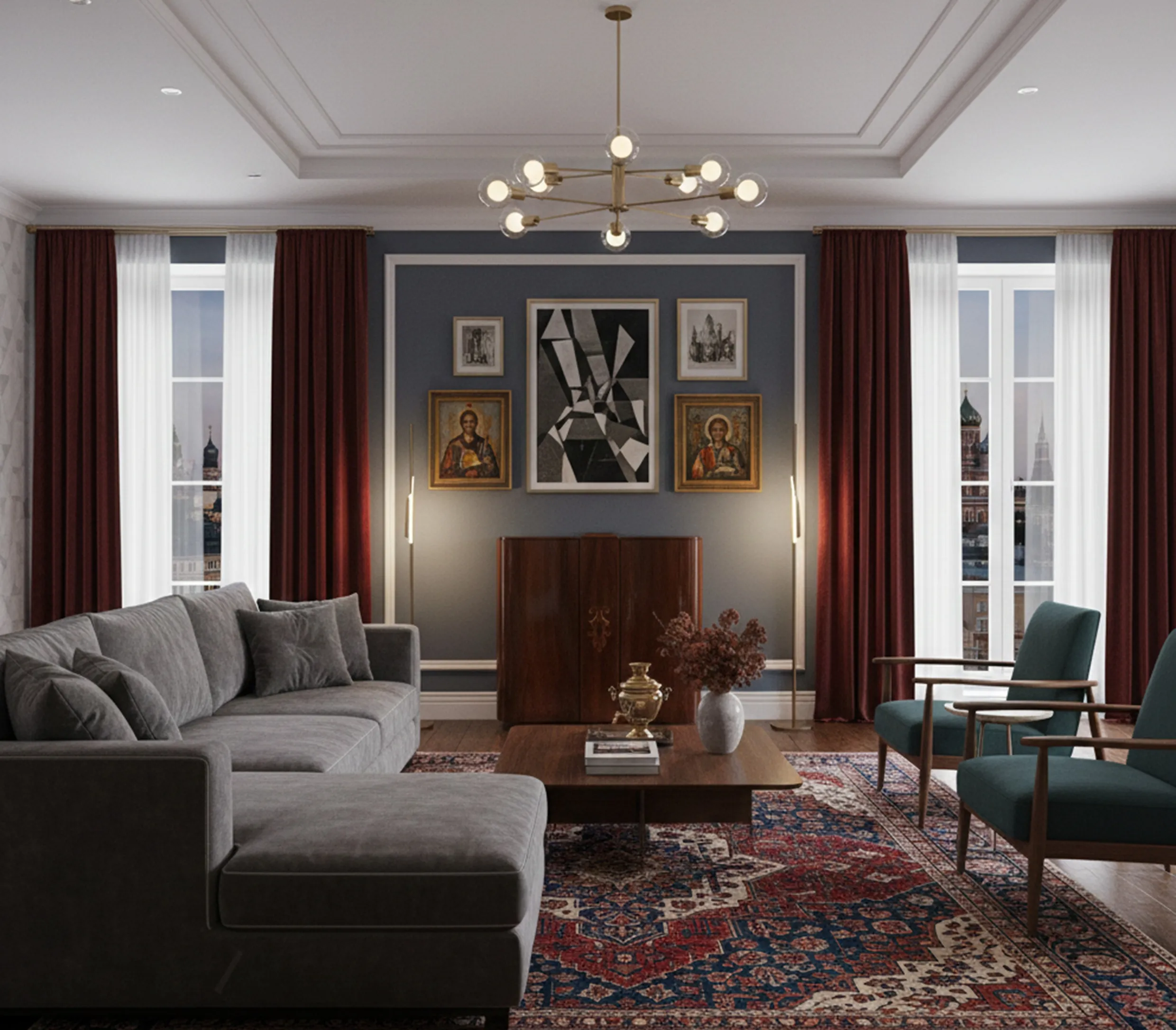 Antiker Cocktailschrank in einem gemütlichen Wohnzimmer mit grauen Sofas und Kunst an der Wand.