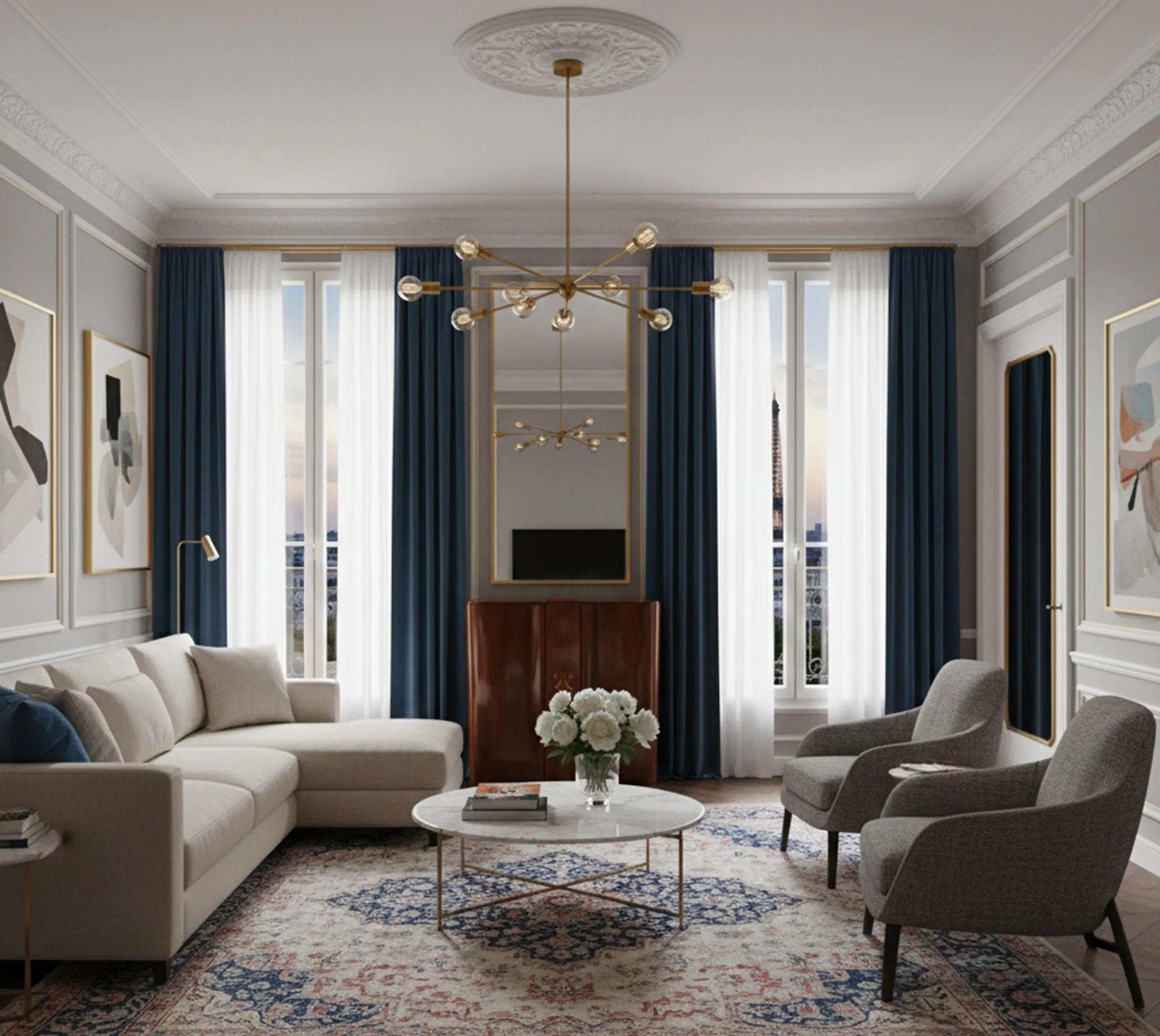 Antique bar in an elegant living room with sofa and coffee table.