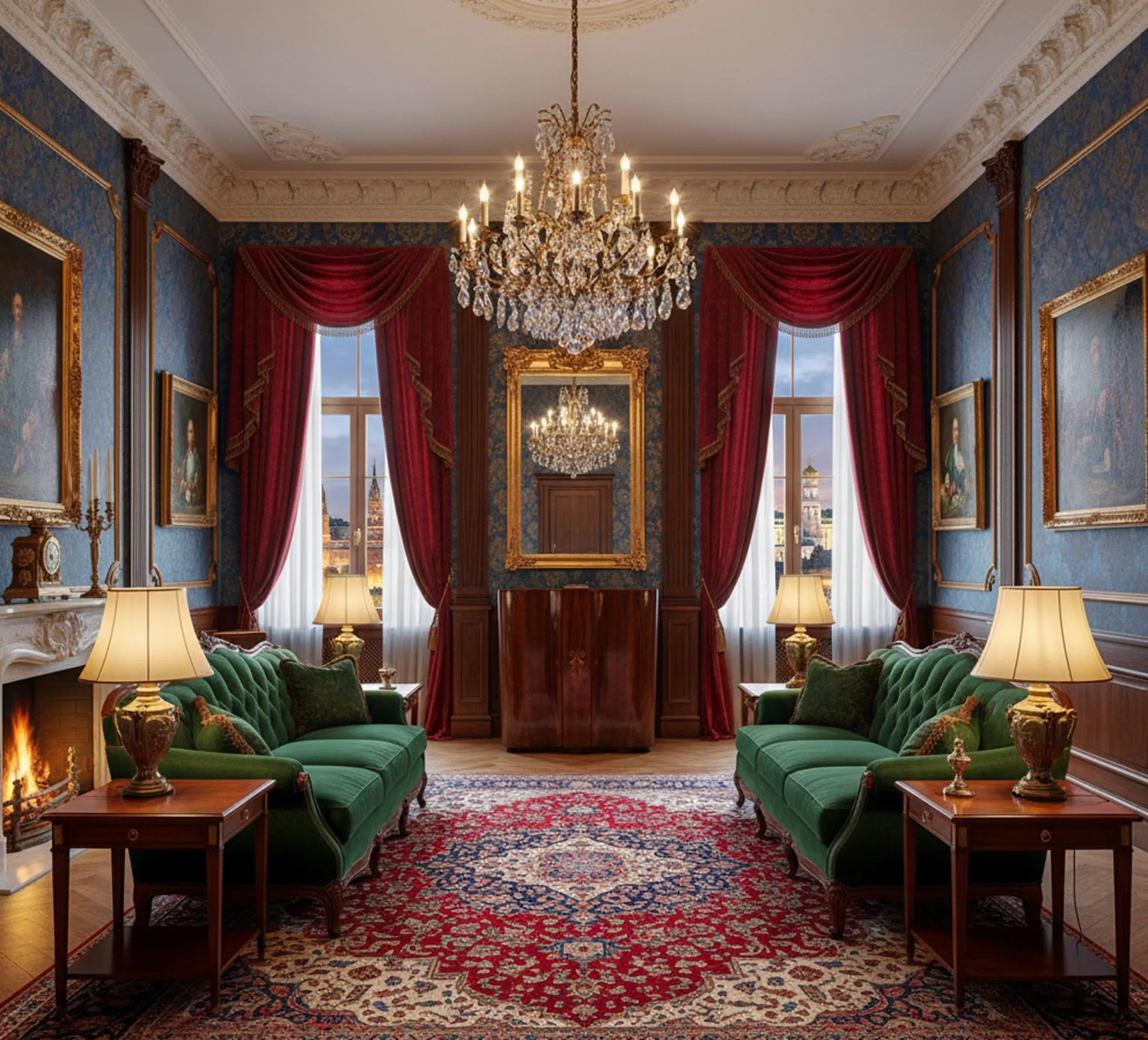 Mueble bar antiguo en un salón elegante con lámparas y alfombra