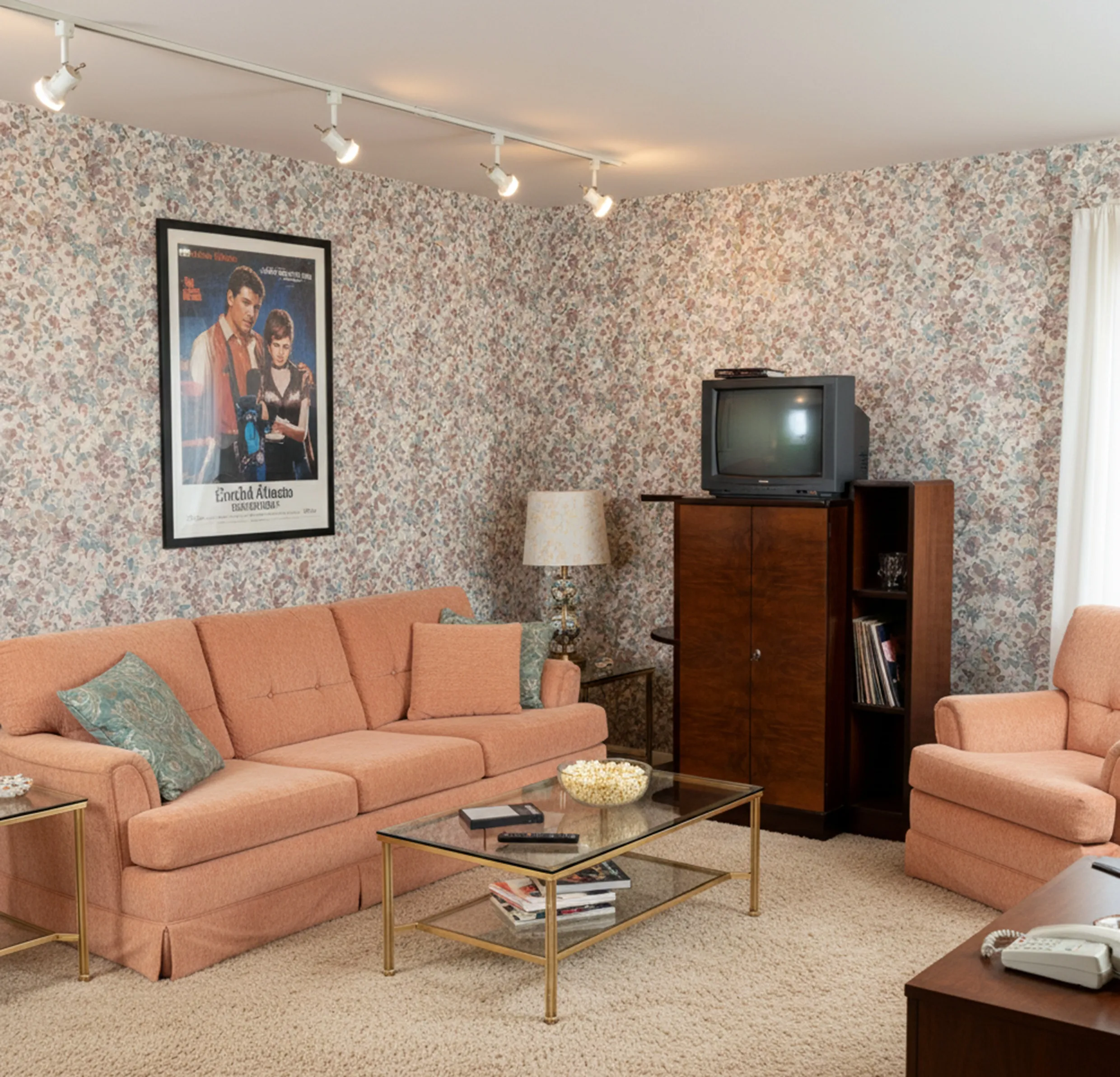 خزانة الكوكتيل القديمة في غرفة المعيشة مع أريكة وبوسترات