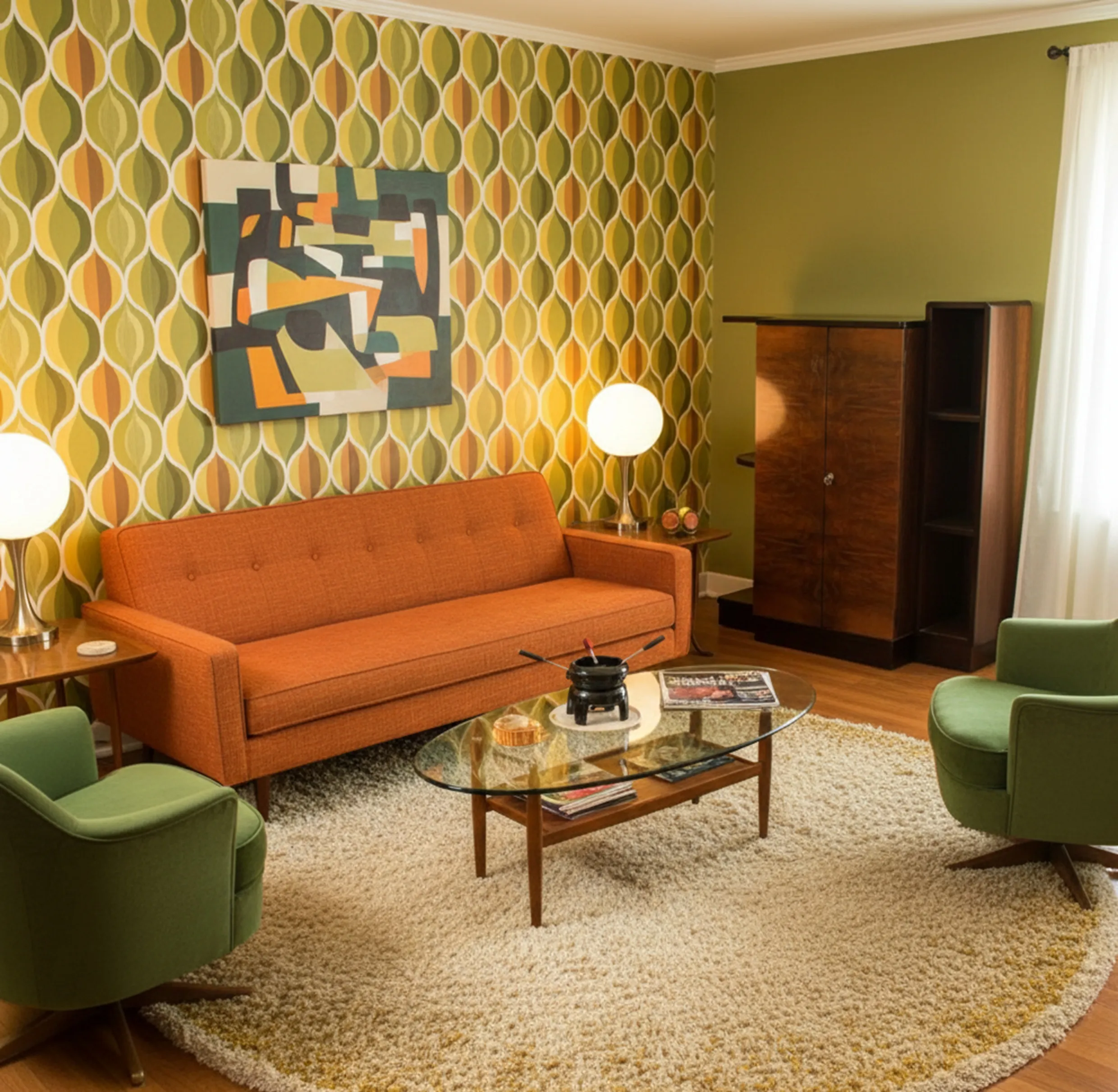 Mueble bar antiguo en una sala decorada con colores cálidos, lámparas y un arte moderno en la pared.