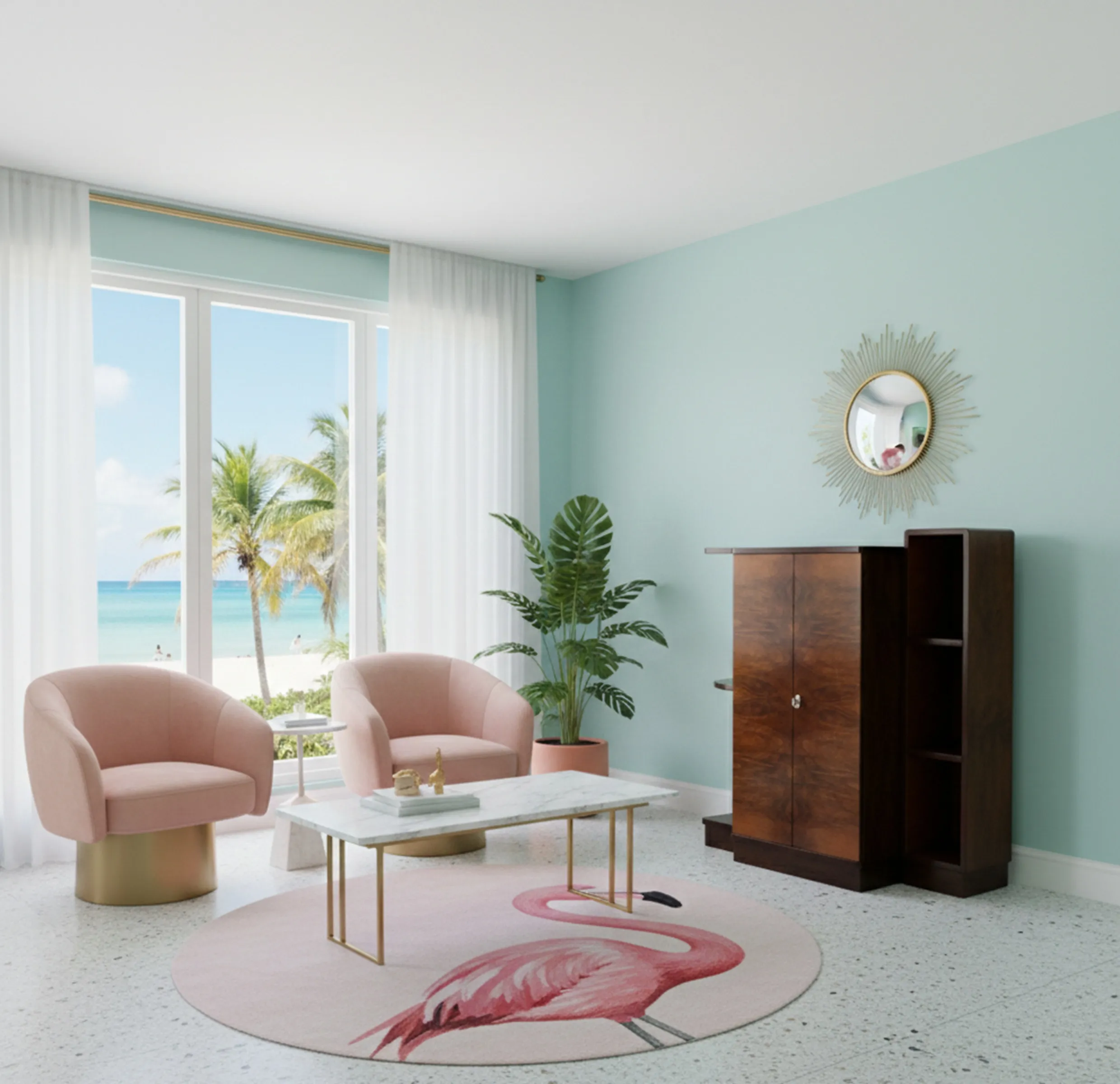 古老的书架和架子在明亮的房间里搭配植物