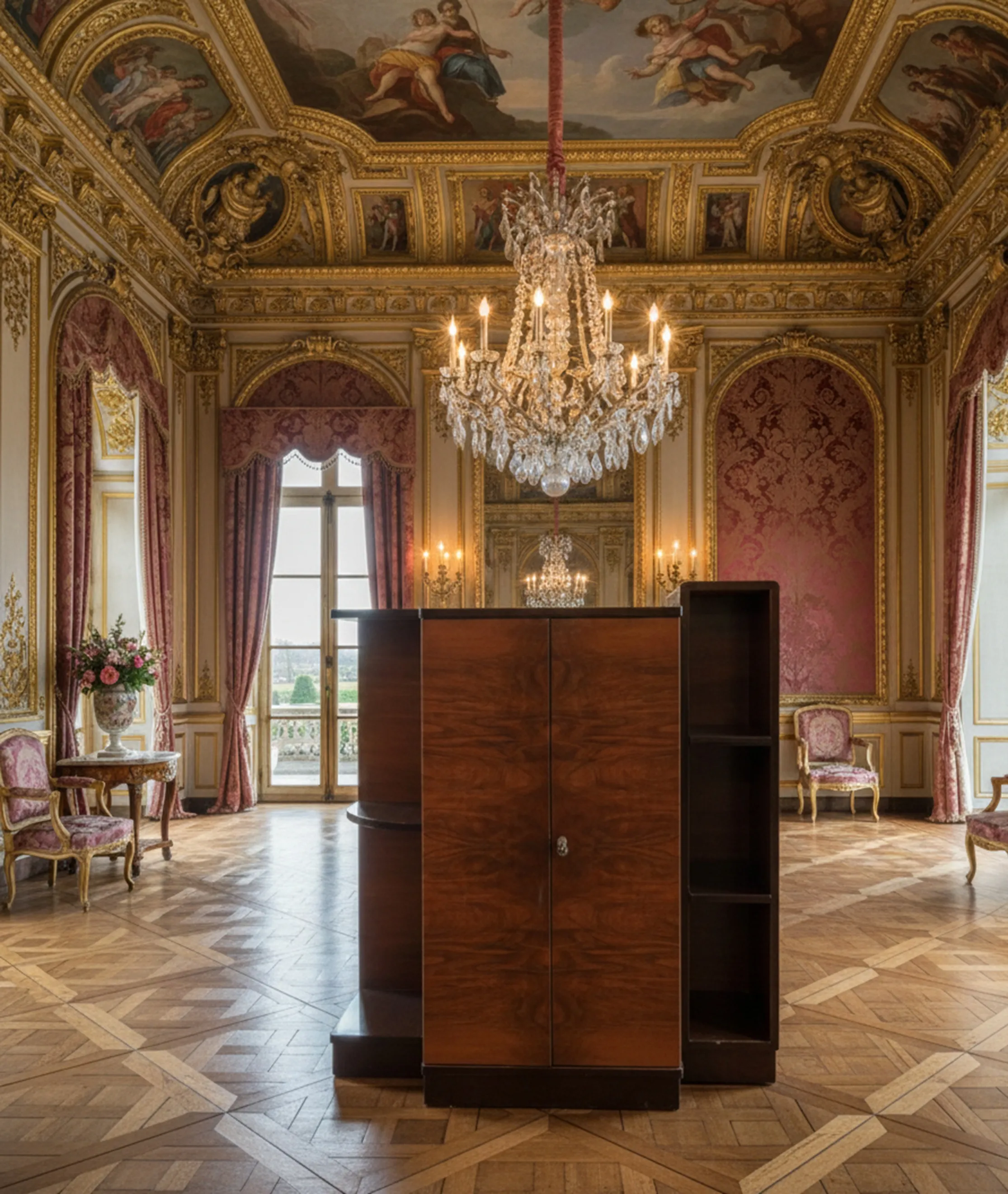 Antique bookcase, elegant, in a luxurious setting with chandeliers.