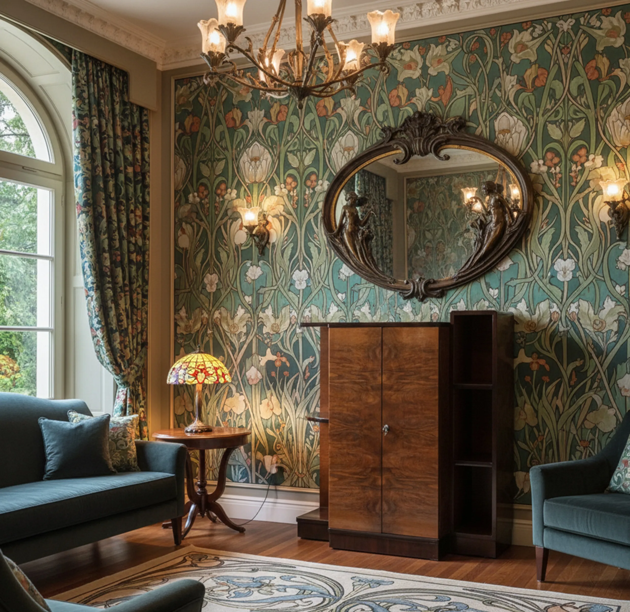 पुरानी लकड़ी की किताबों की अलमारी सजे हुए लिविंग रूम में