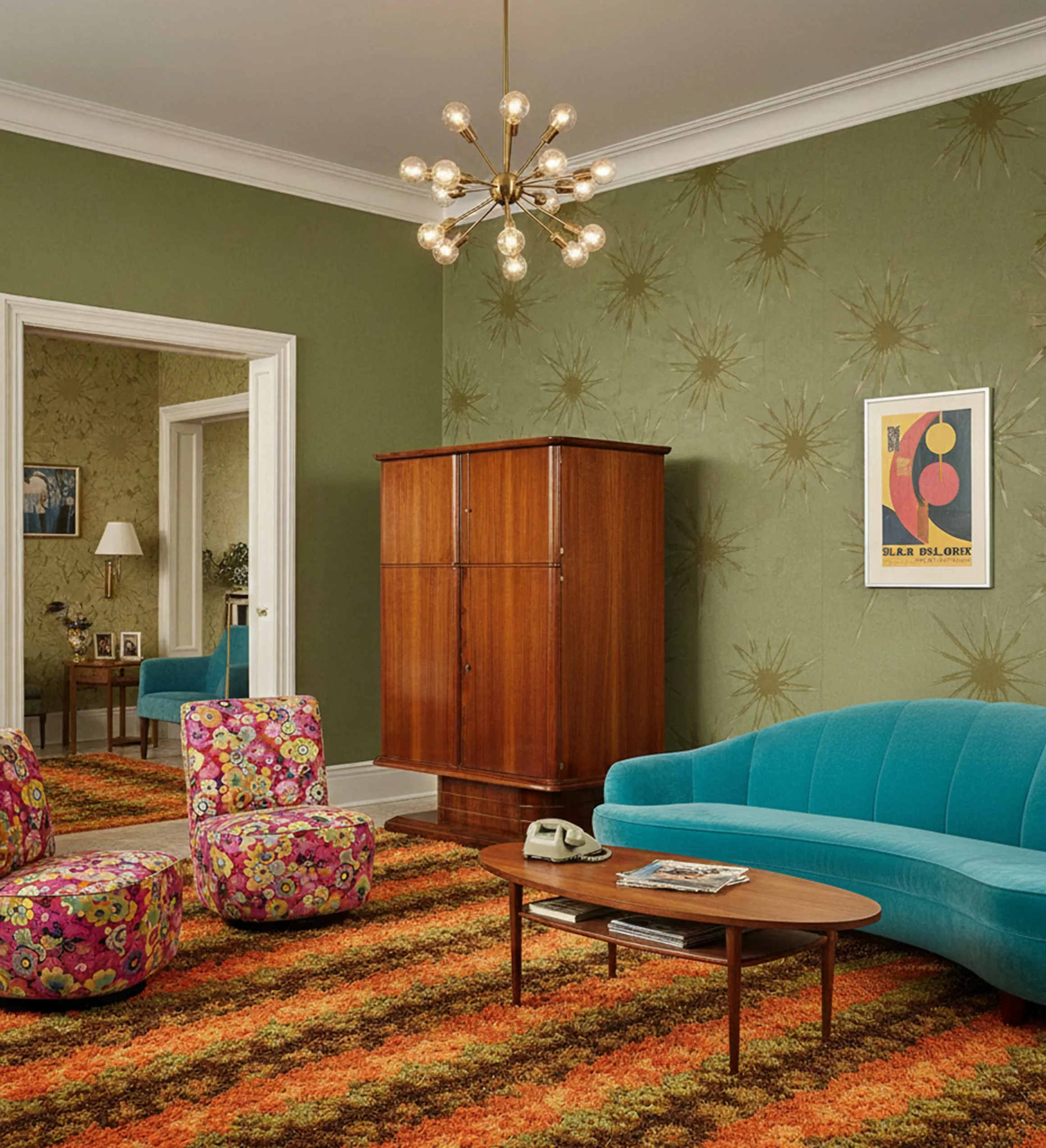 mueble bar antiguo en un salón colorido