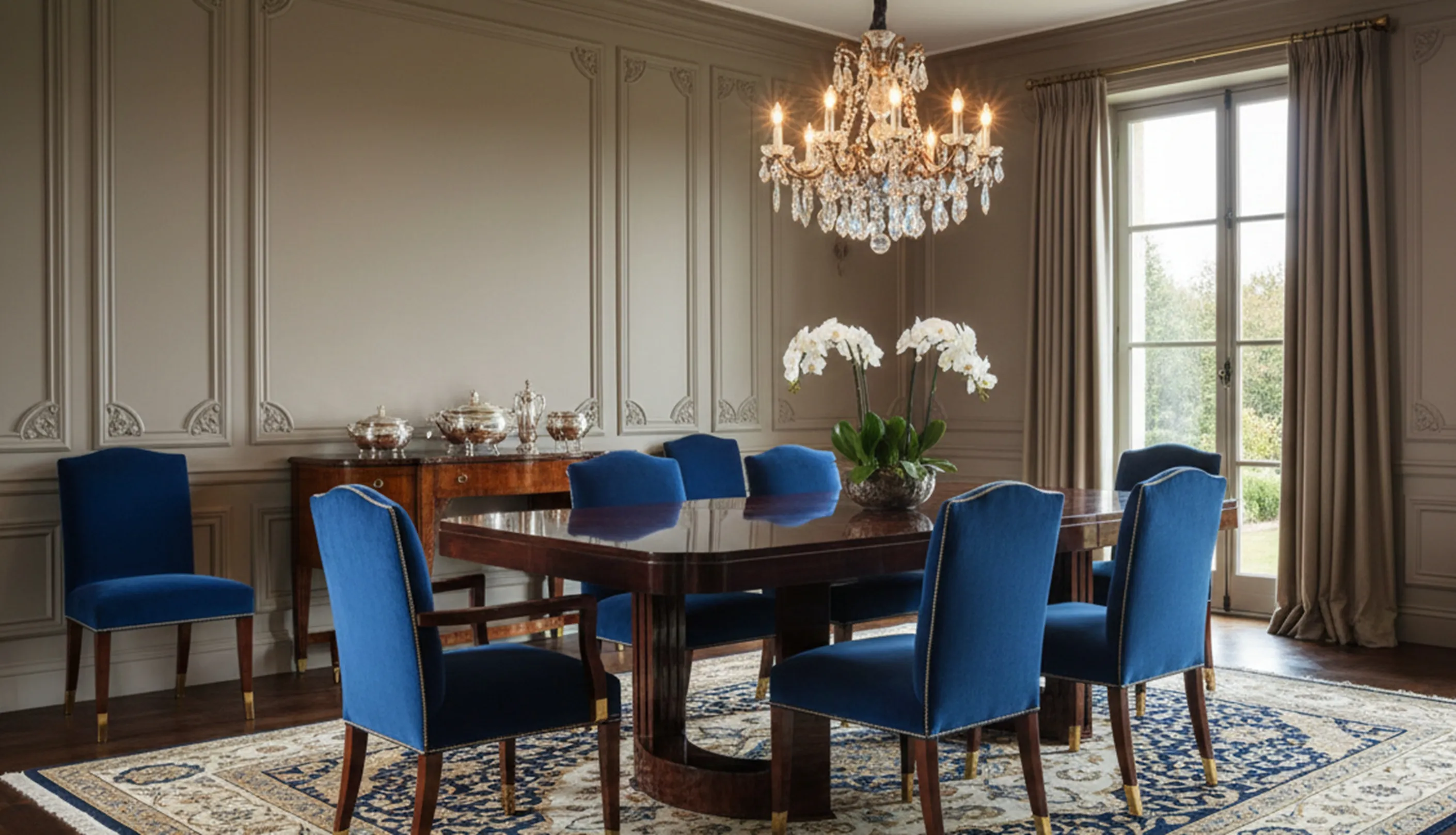 Table à manger antique avec chaises bleues et décoration florale.