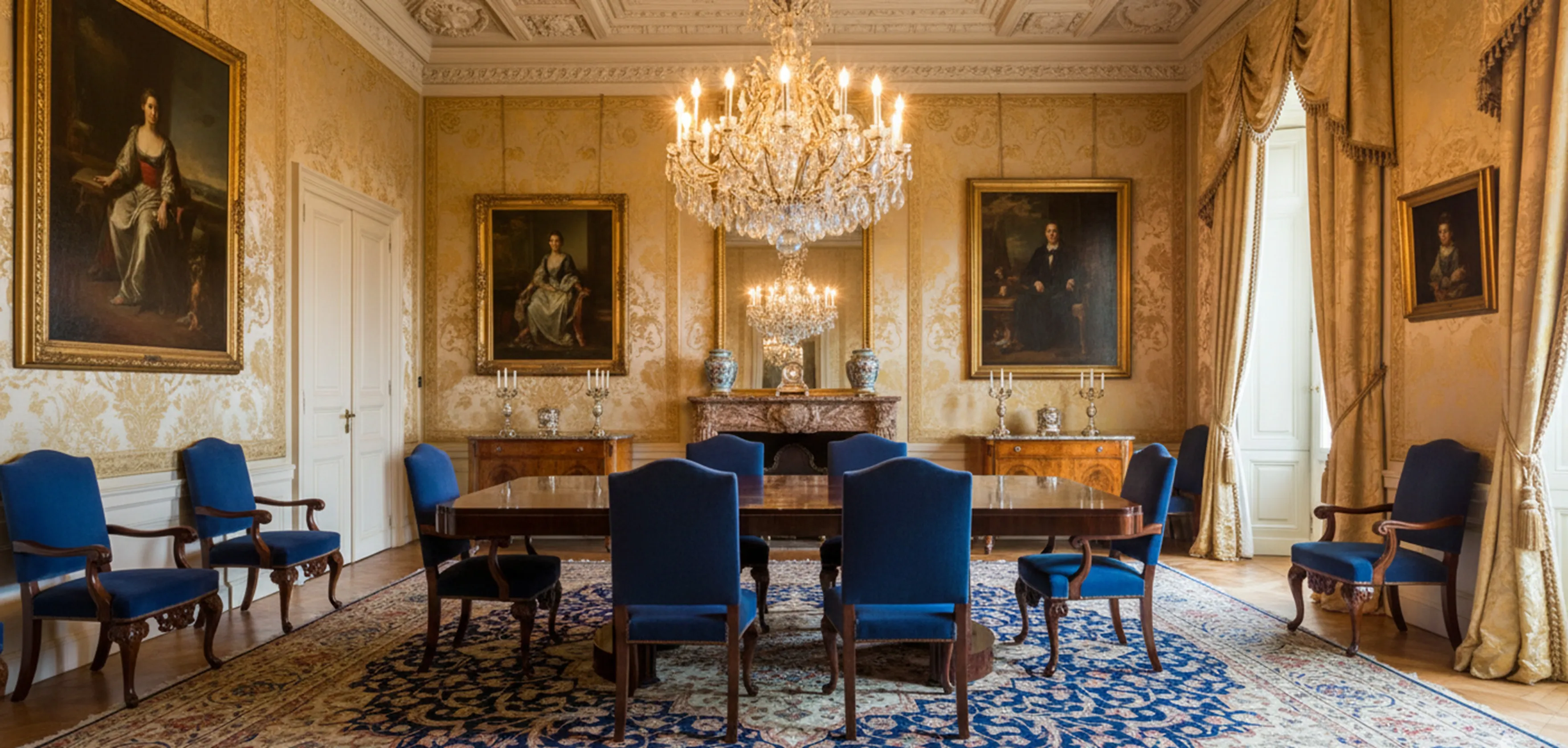 Antique dining table with blue chairs in an elegant setting.