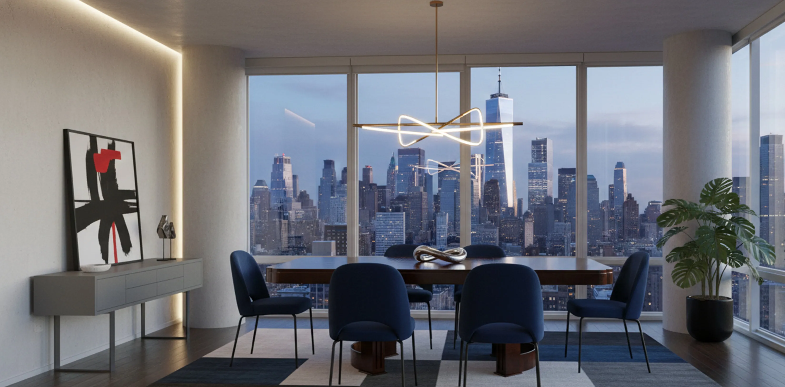 Mesa de jantar antiga para oito pessoas com cadeiras azul marinho, vista da cidade.