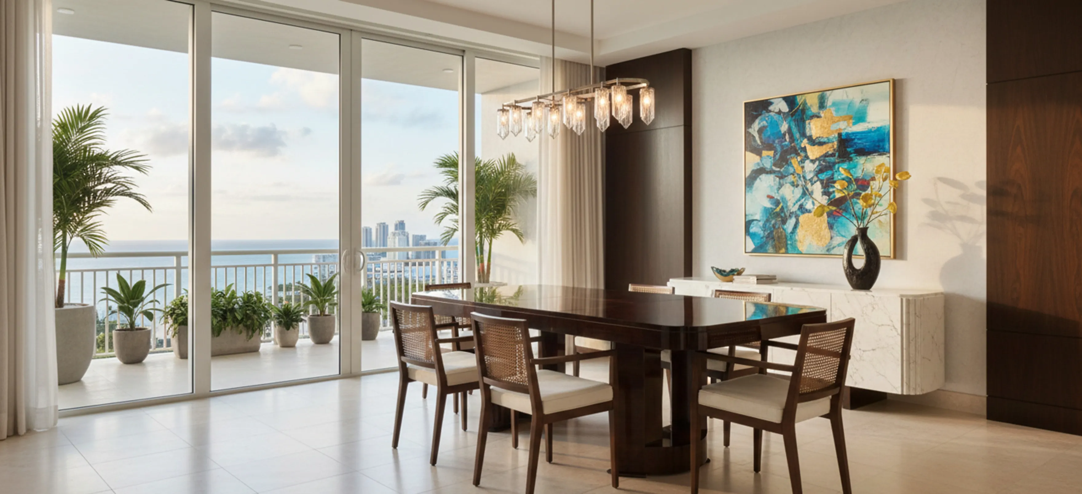 Antique dining table for 8 people, ocean view, modern environment