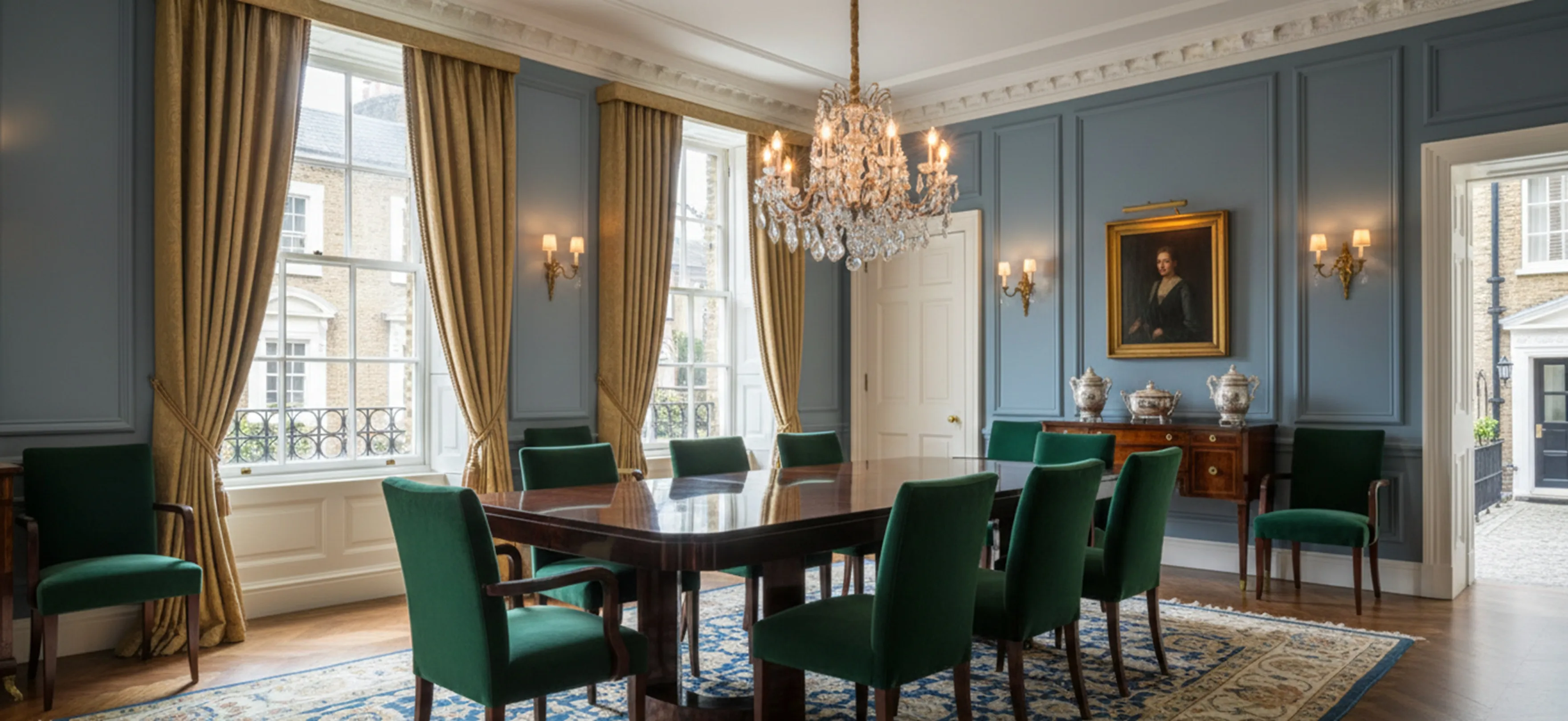 Mesa de comedor antigua con sillas verdes en un ambiente elegante.