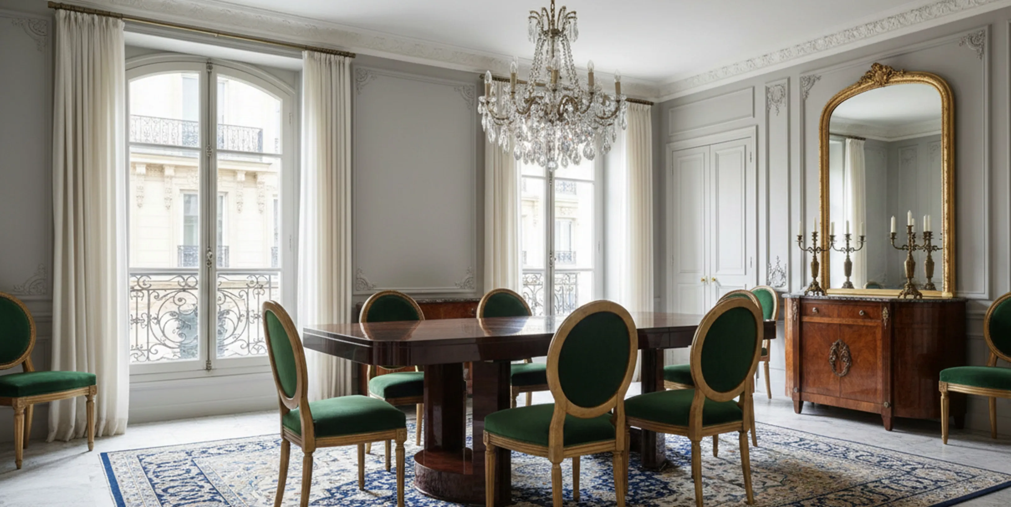 Table à manger antique pour 8 personnes dans une salle élégante