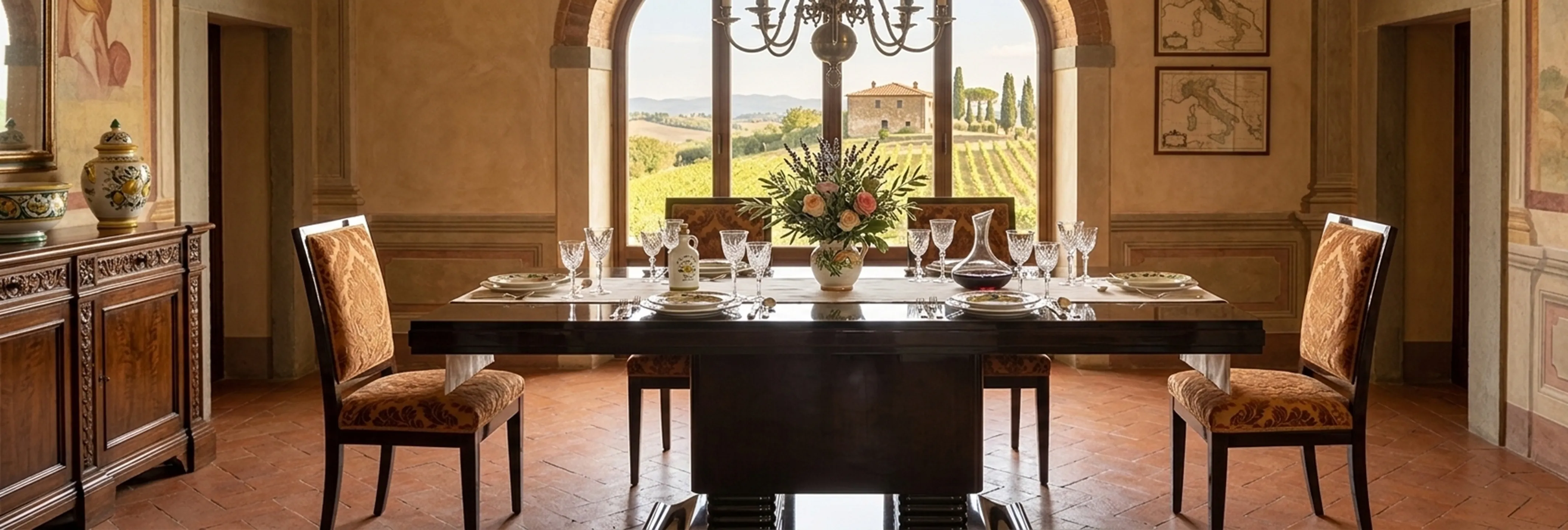 Antique dining table for 10 people, elegant decor and scenic view