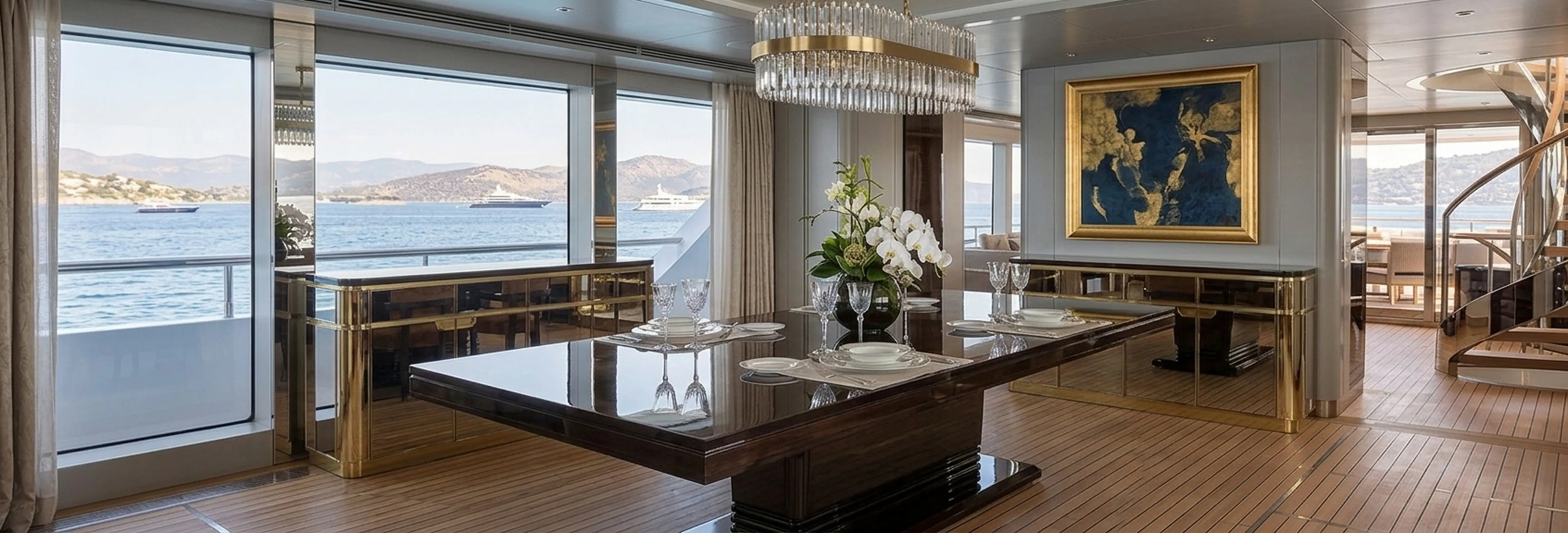 Mesa de jantar antiga para dez pessoas com decoração elegante e vista para o mar.