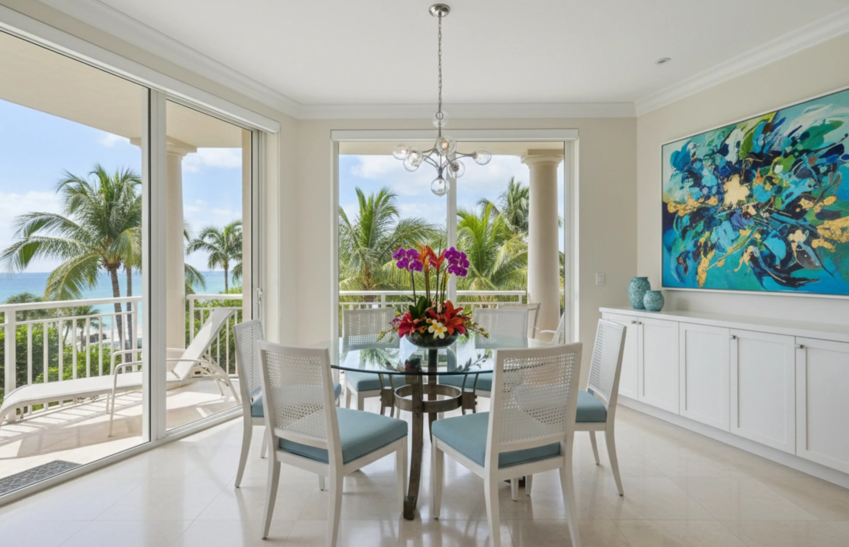 Mesa de jantar antiga para 6 pessoas com vista para o mar.